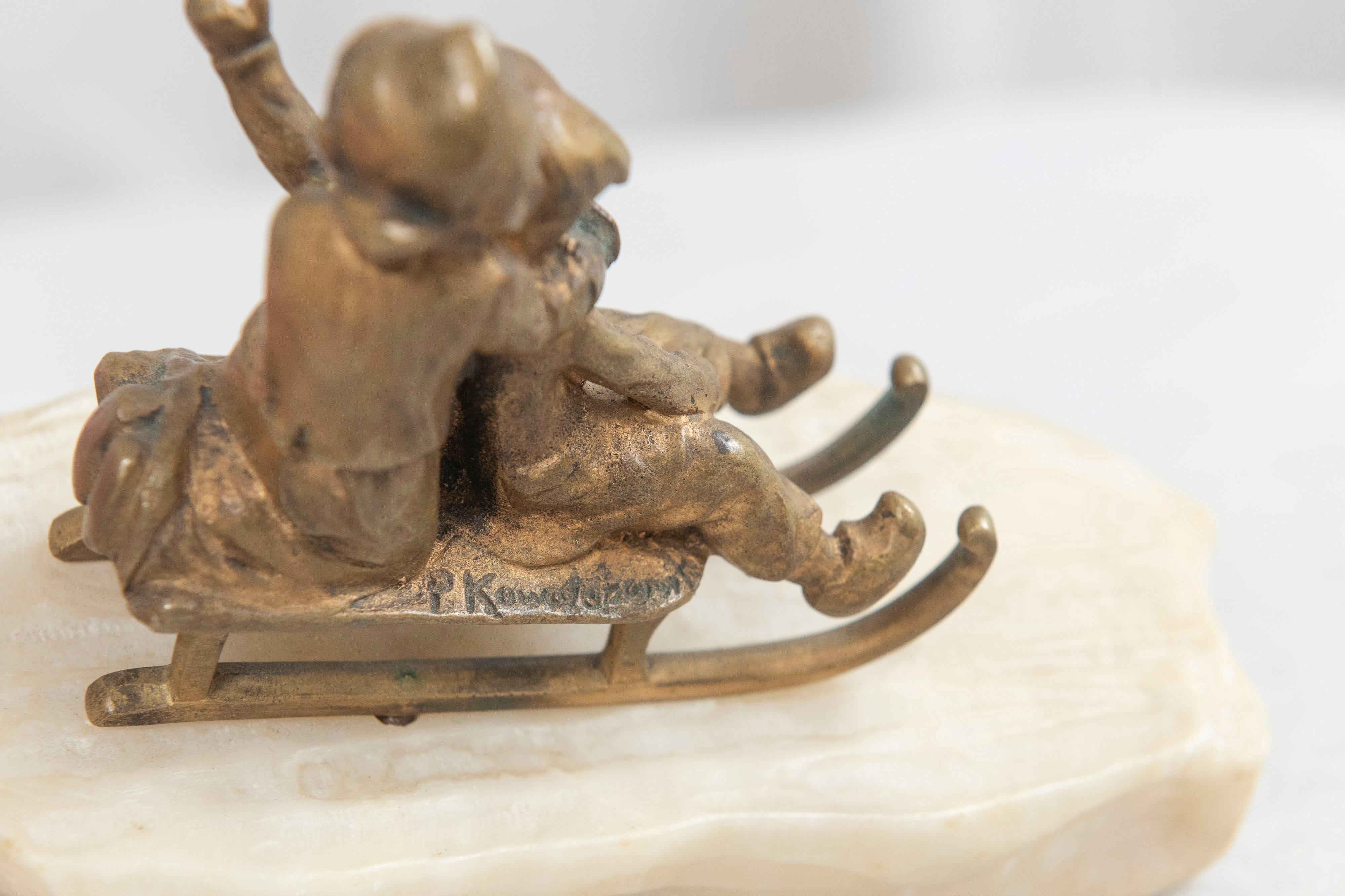Bronze, 2 Young Children Riding on Sled on Carved White Marble Base ca. 1895 For Sale 1