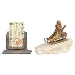 Bronze, 2 Young Children Riding on Sled on Carved White Marble Base ca. 1895