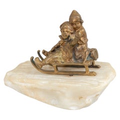 Bronze, 2 Young Children Riding on Sled on Carved White Marble Base ca. 1895