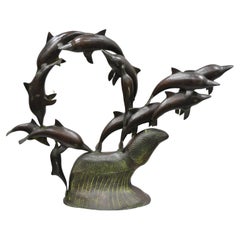 Bronze-Natur 13 Delphine beim Spiel, Skulptur, Grüne Verdigris-Figur, Bronze