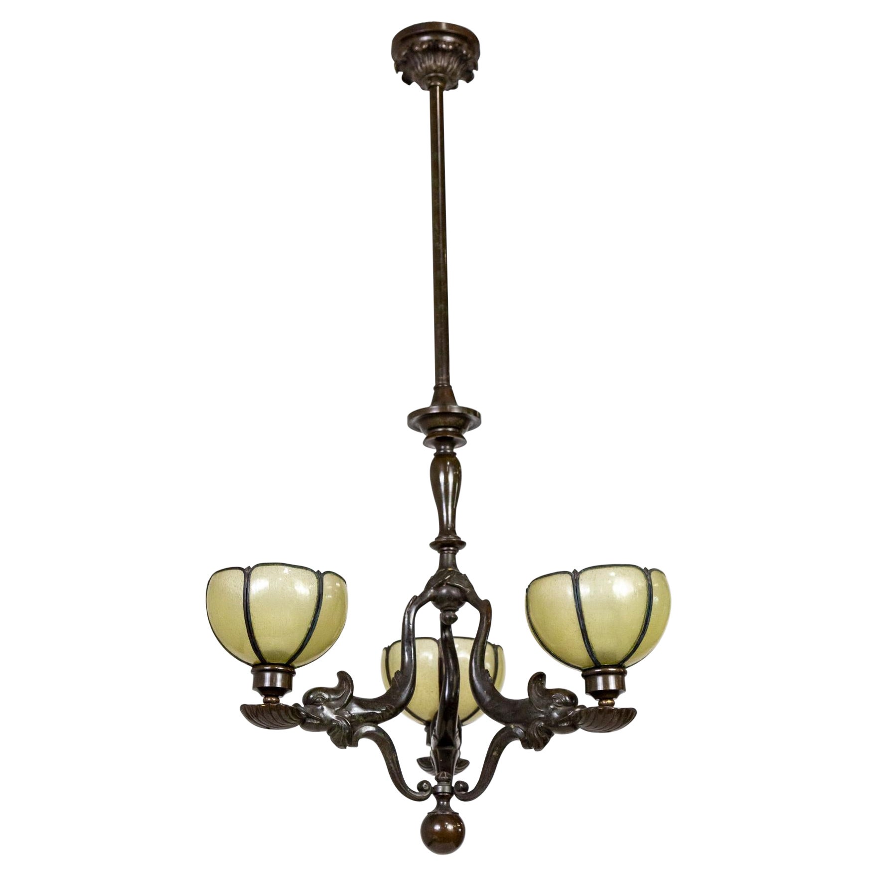 Bronze 3-Light Grotto Dolphin Chandelier w/ Glass Petal Shades