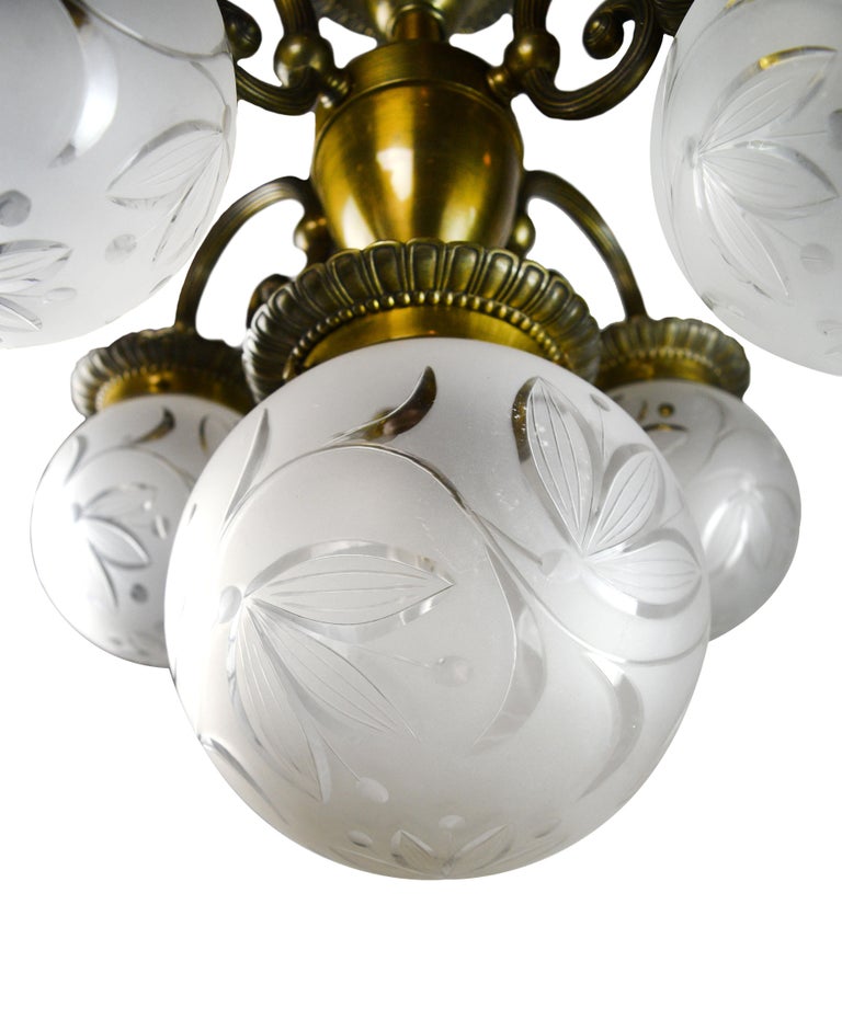Bronze 5Light Chandelier with Original Globes For Sale at 1stdibs