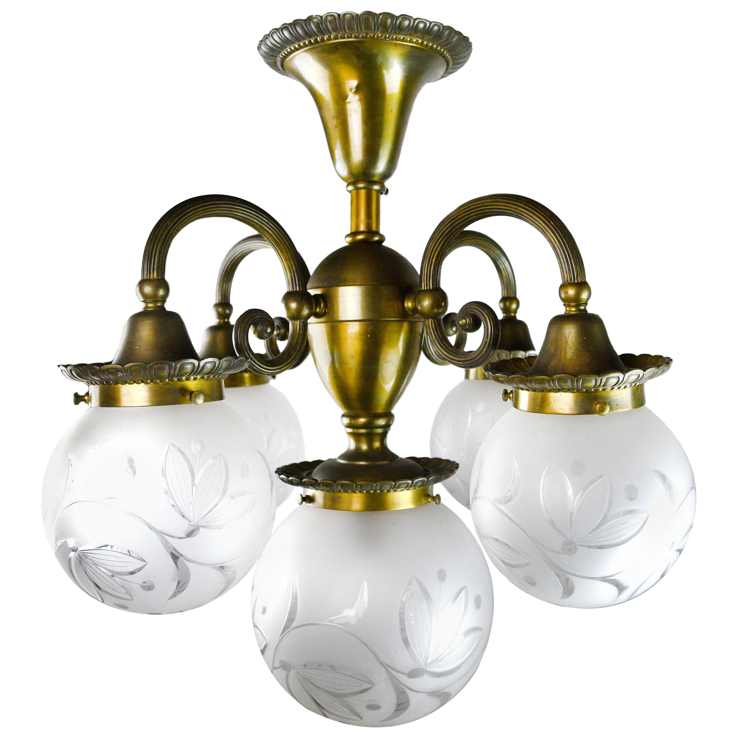 Bronze 5-Light Chandelier with Original Globes For Sale