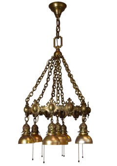 Bronze 7 Shade Chandelier with Tiffany Attributed Aurene Glass