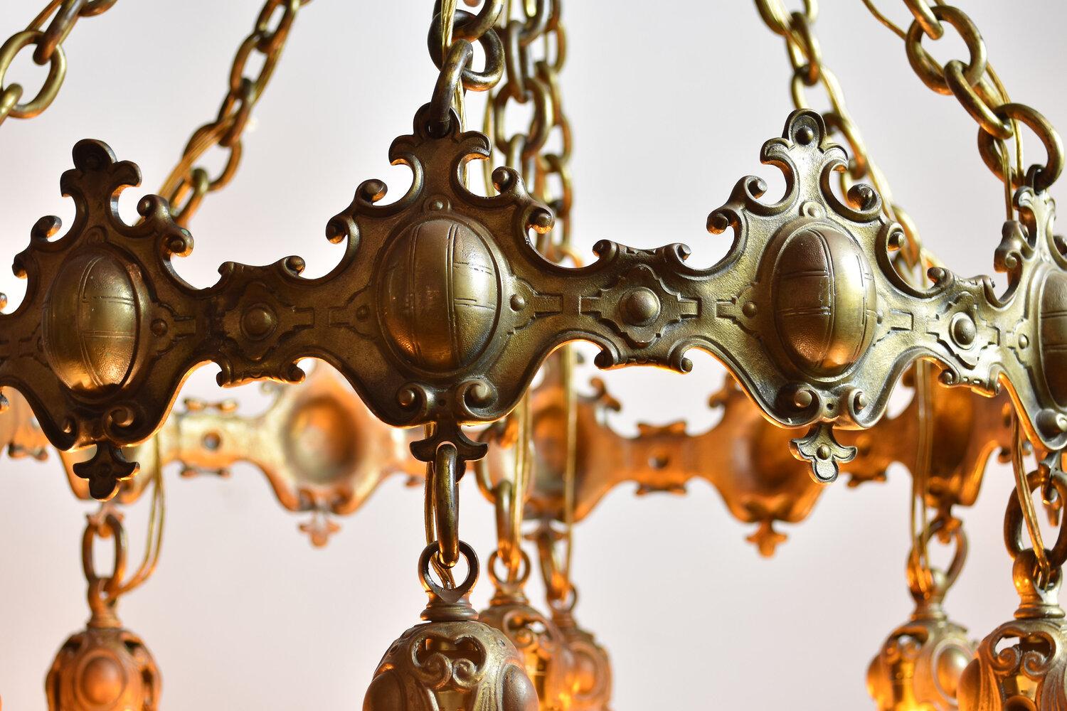 Gothic Bronze 7 Shade Chandelier with Tiffany Attributed Aurene Glass For Sale