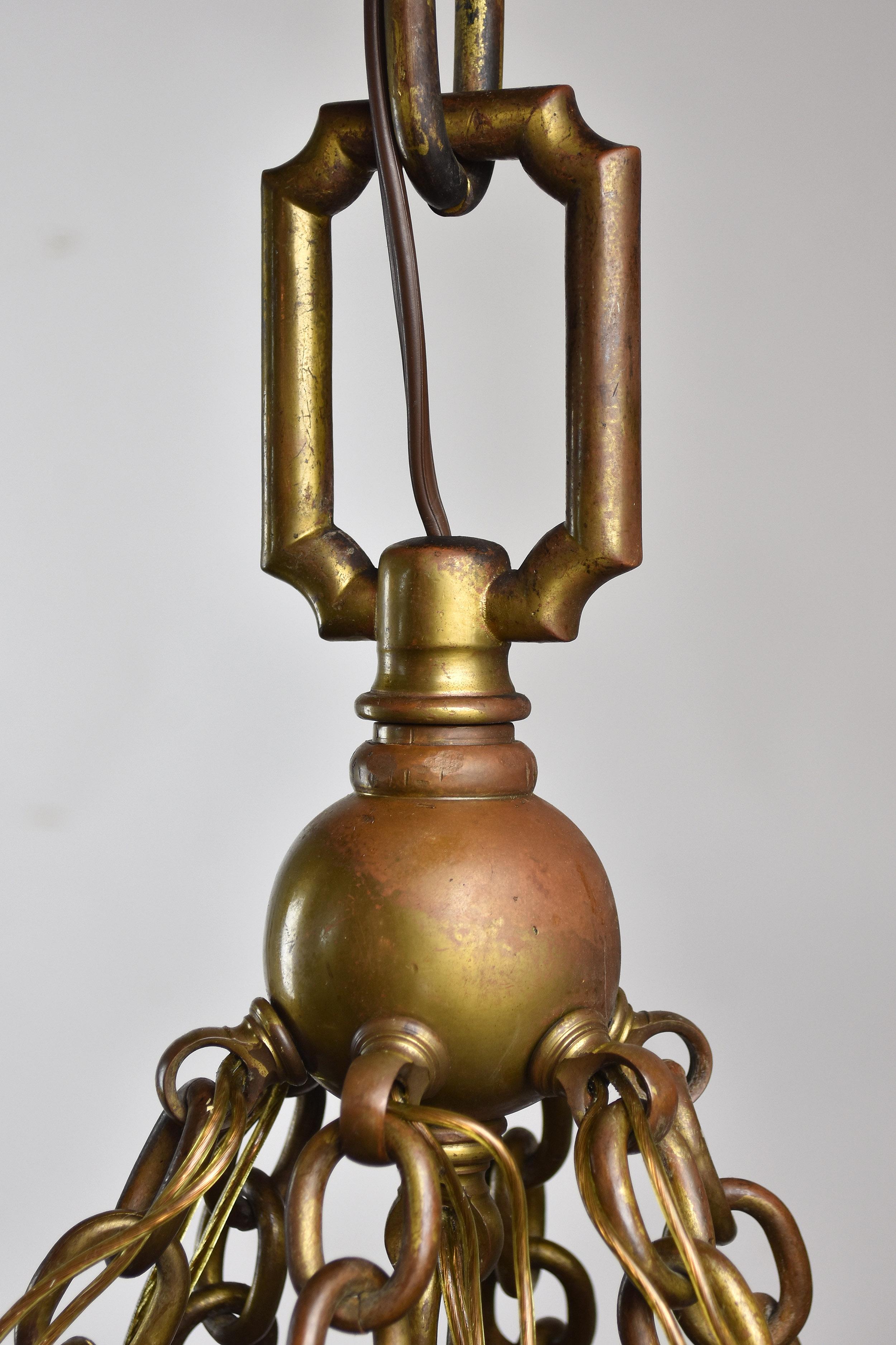 Early 20th Century Bronze 7 Shade Chandelier with Tiffany Attributed Aurene Glass For Sale