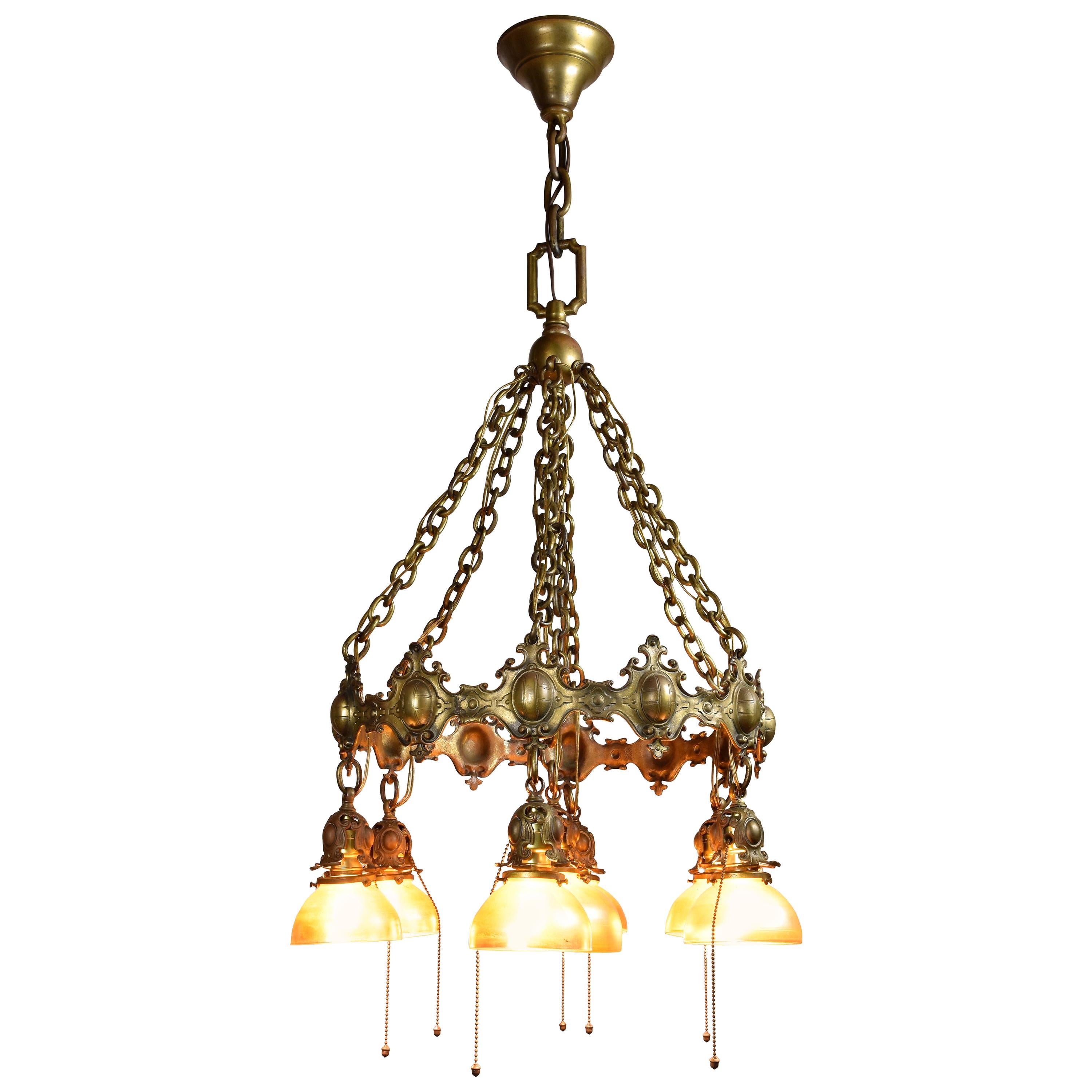Bronze 7 Shade Chandelier with Tiffany Attributed Aurene Glass For Sale