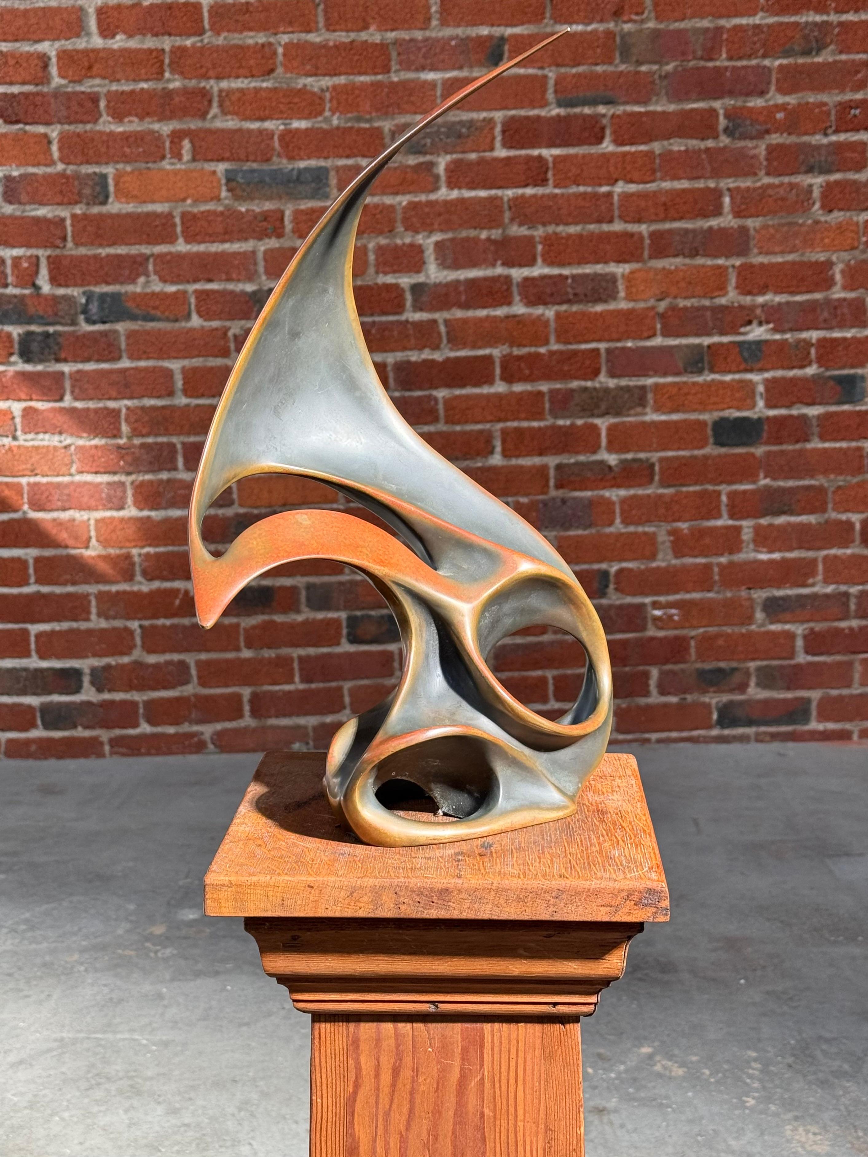 Bronze abstract sculpture by Bob Bennett (1928-2003) who worked with his twin brother Tom. They started with wire sculpture later to work with bronze casting and in time opened a number of galleries across the country to represent their work. This