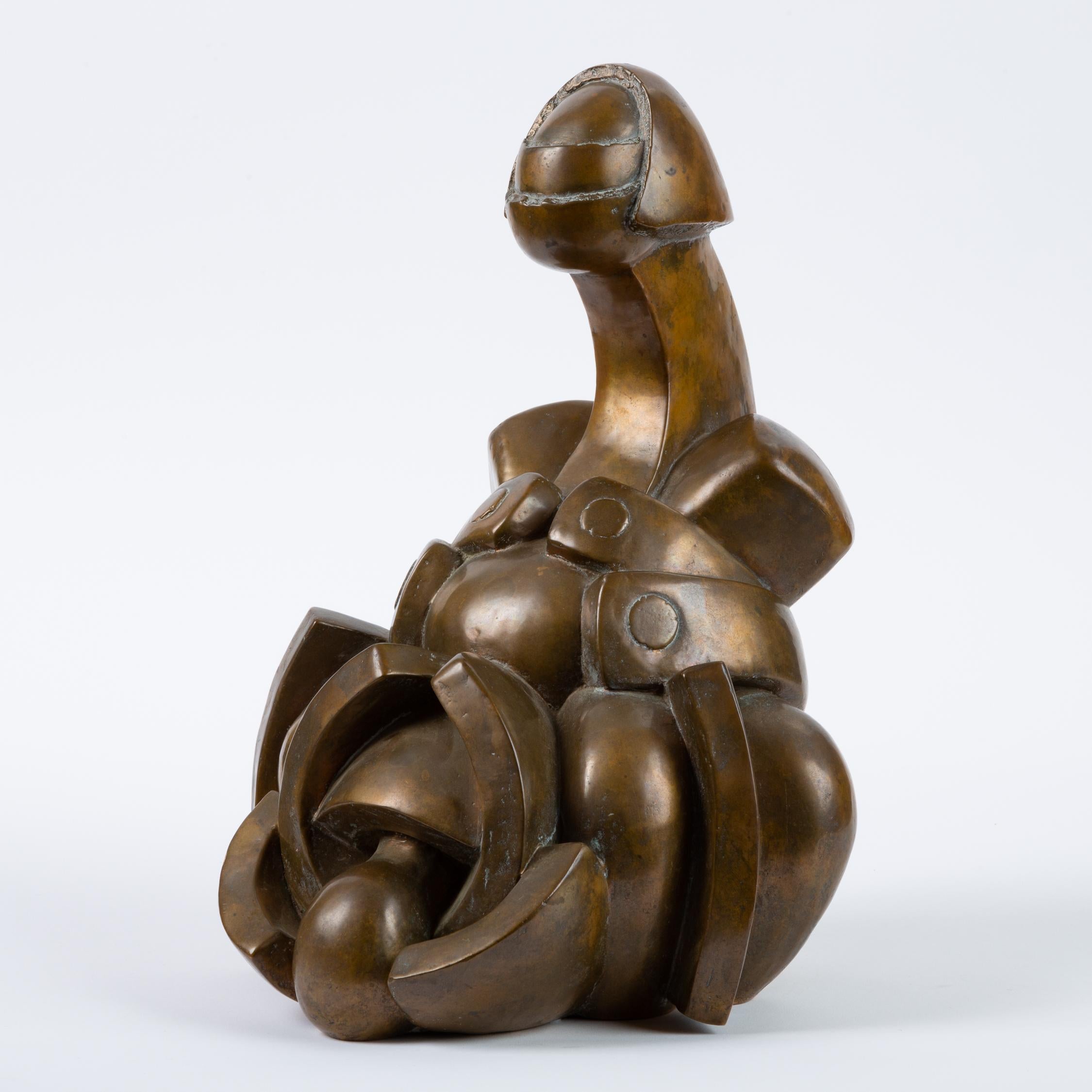 A biomorphic sculpture in cast bronze by Spanish artist Camilo Otero. Created using the lost wax casting method, the figure has a dimensional outer shell with finger-like layers overlapping a curved body and a hollow interior. Could be fitted to a