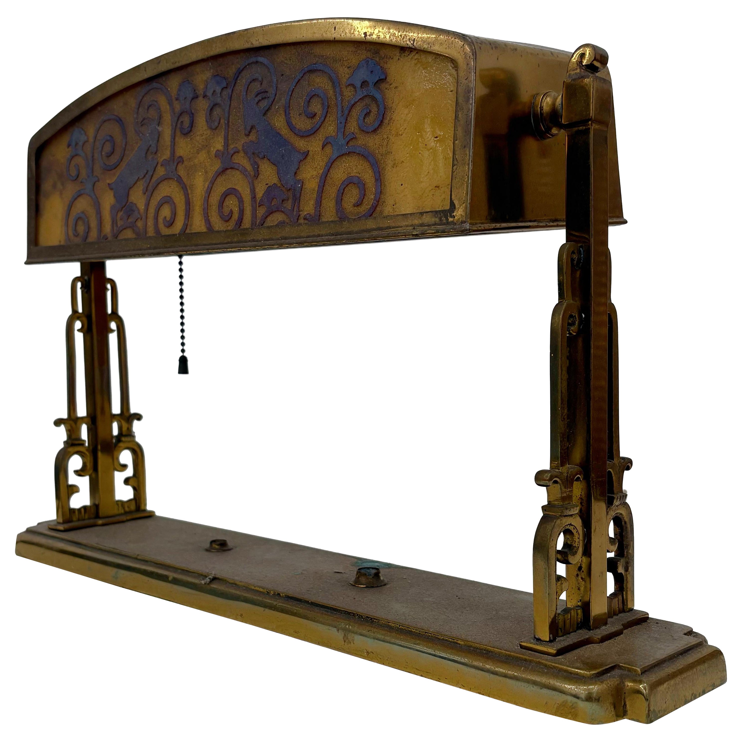 Bronze 
Acid-Etched Glass Table / Desk Lamp — Rams Head Motif, attr Oscar Bach For Sale