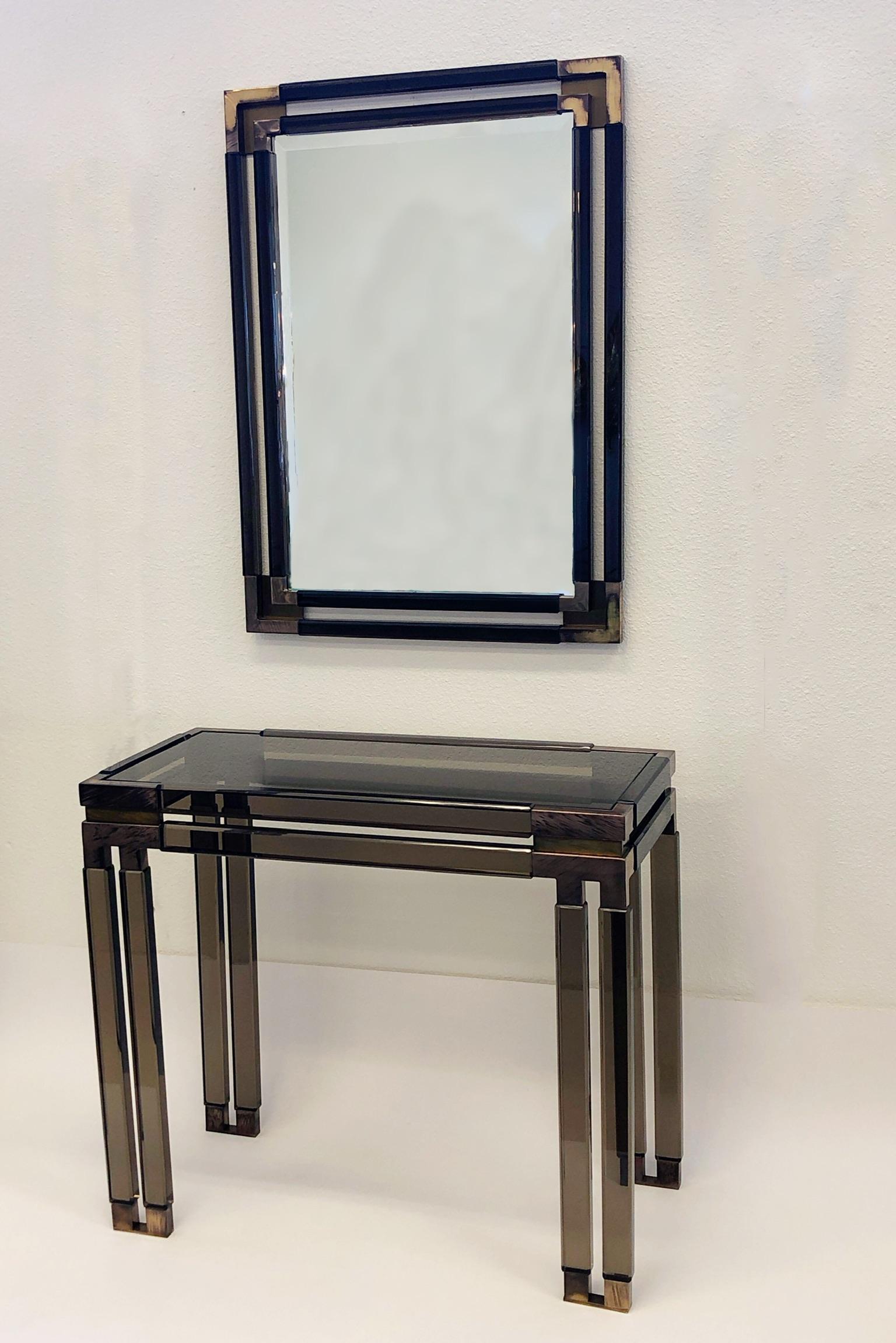 Bronze Acrylic and Aged Brass Consoles and Mirror by Charles Hollis Jones 3