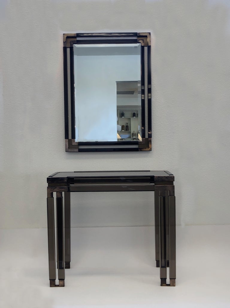 Bronze Acrylic and Aged Brass Consoles and Mirror by Charles Hollis