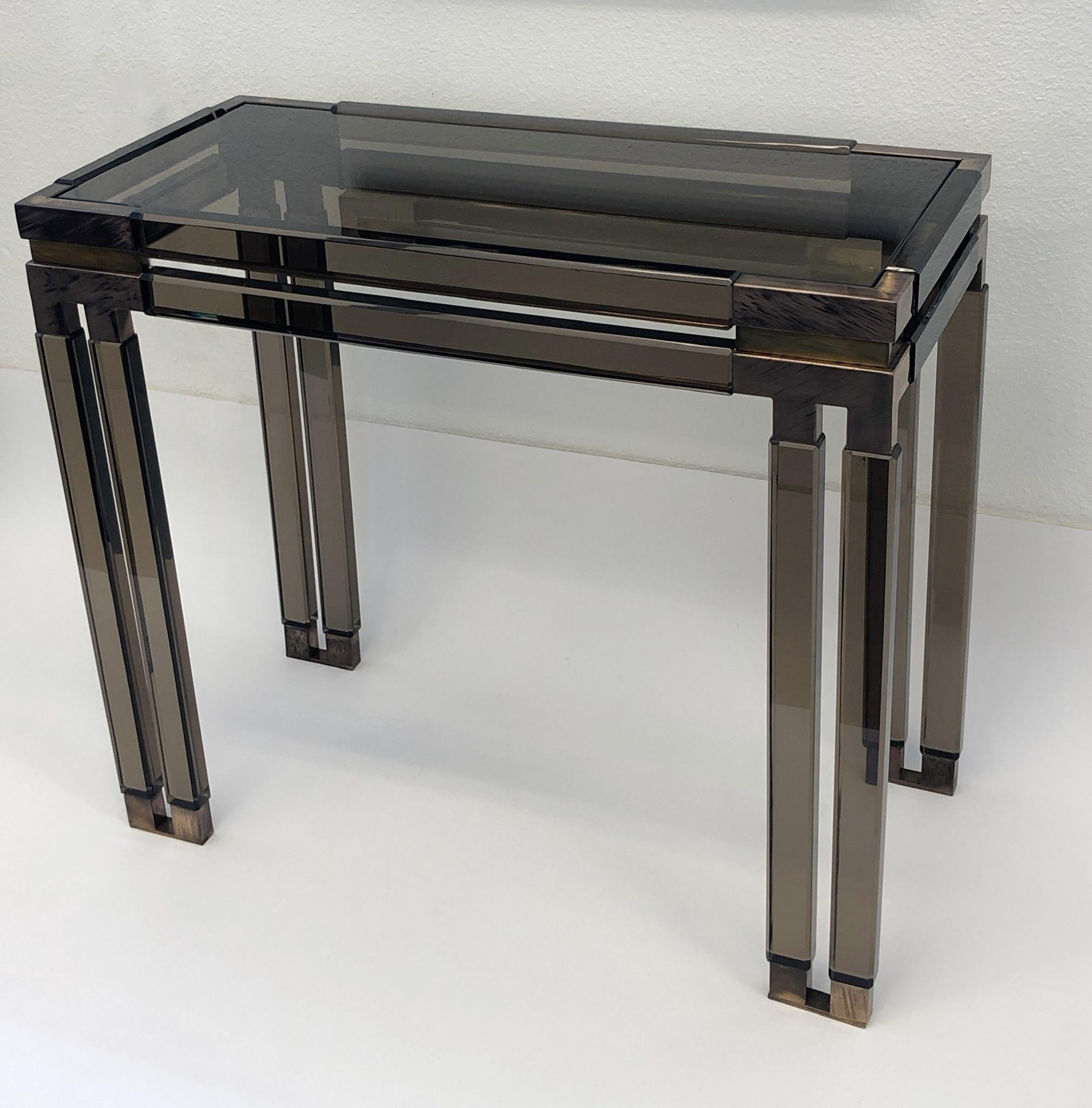 Modern Bronze Acrylic and Aged Brass Consoles and Mirror by Charles Hollis Jones