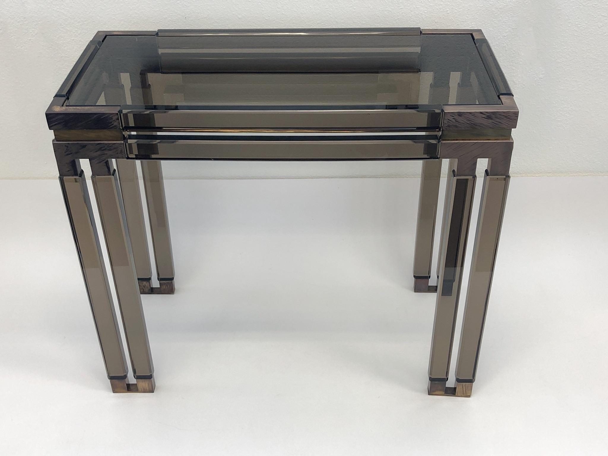 American Bronze Acrylic and Aged Brass Consoles and Mirror by Charles Hollis Jones