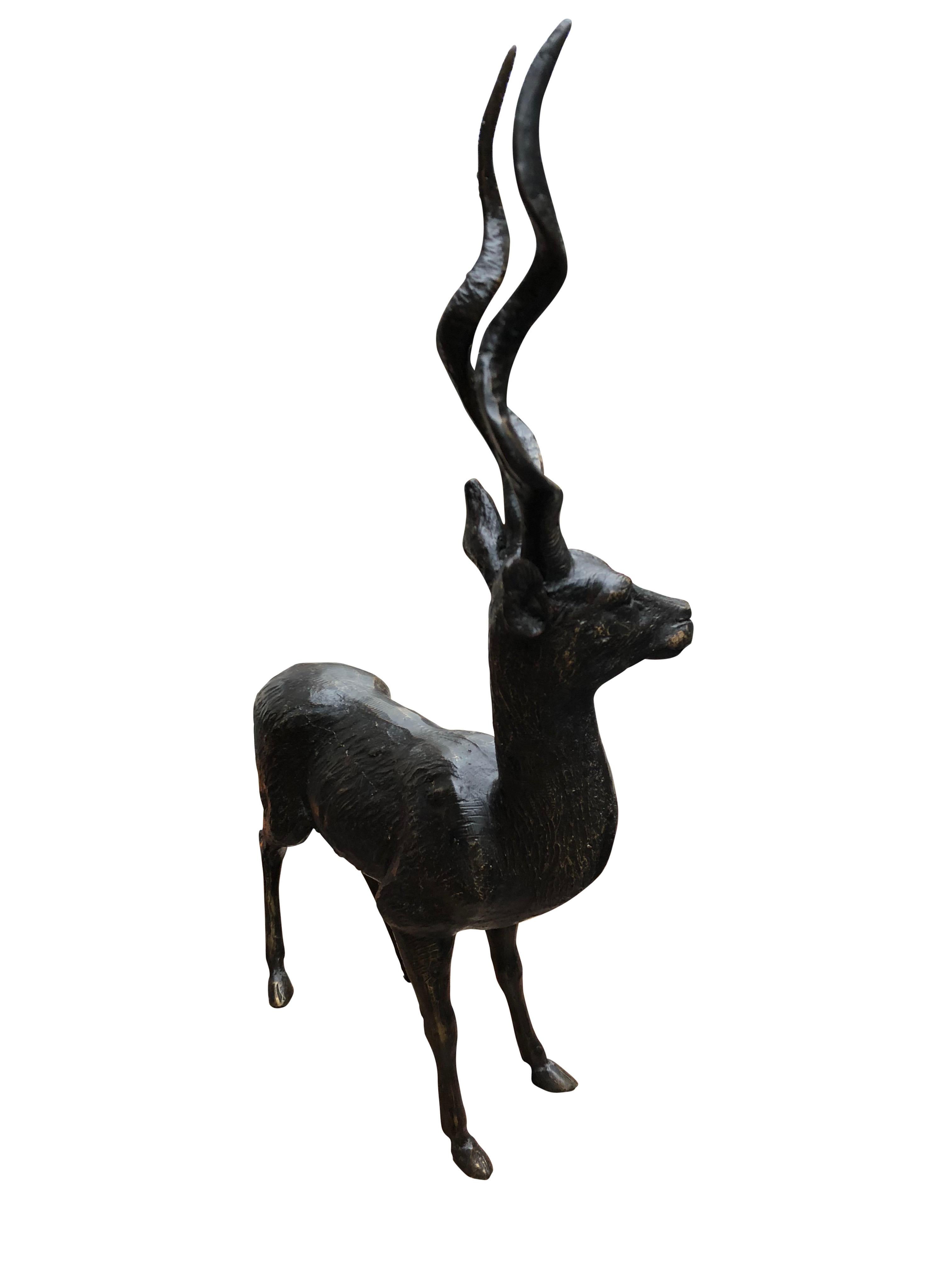 A Gorgeous Bronze Casting Of An African Antelope. The bronze is of the highest quality with a luxurious deep brown patina to it. He stands tall and proud with lovely curled horns, caught with skill by the artist. It would make for a great,