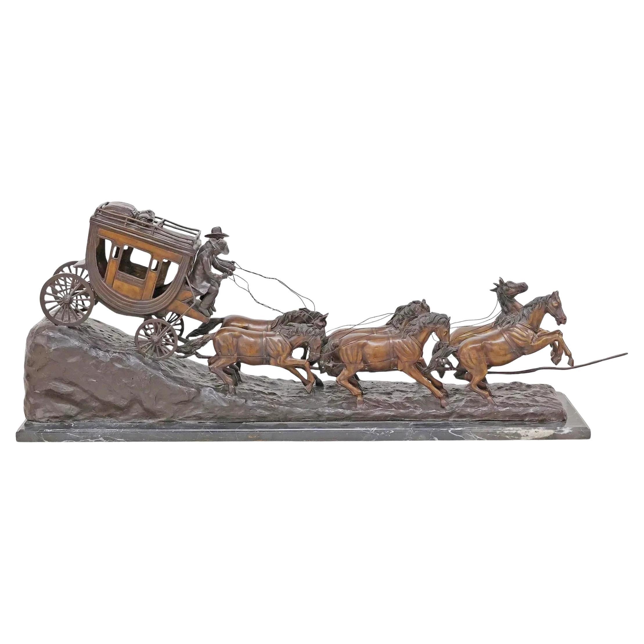 Bronze, After C.M. Russell, Large Western Stagecoach, Patinated, 57"L Sculpture!
