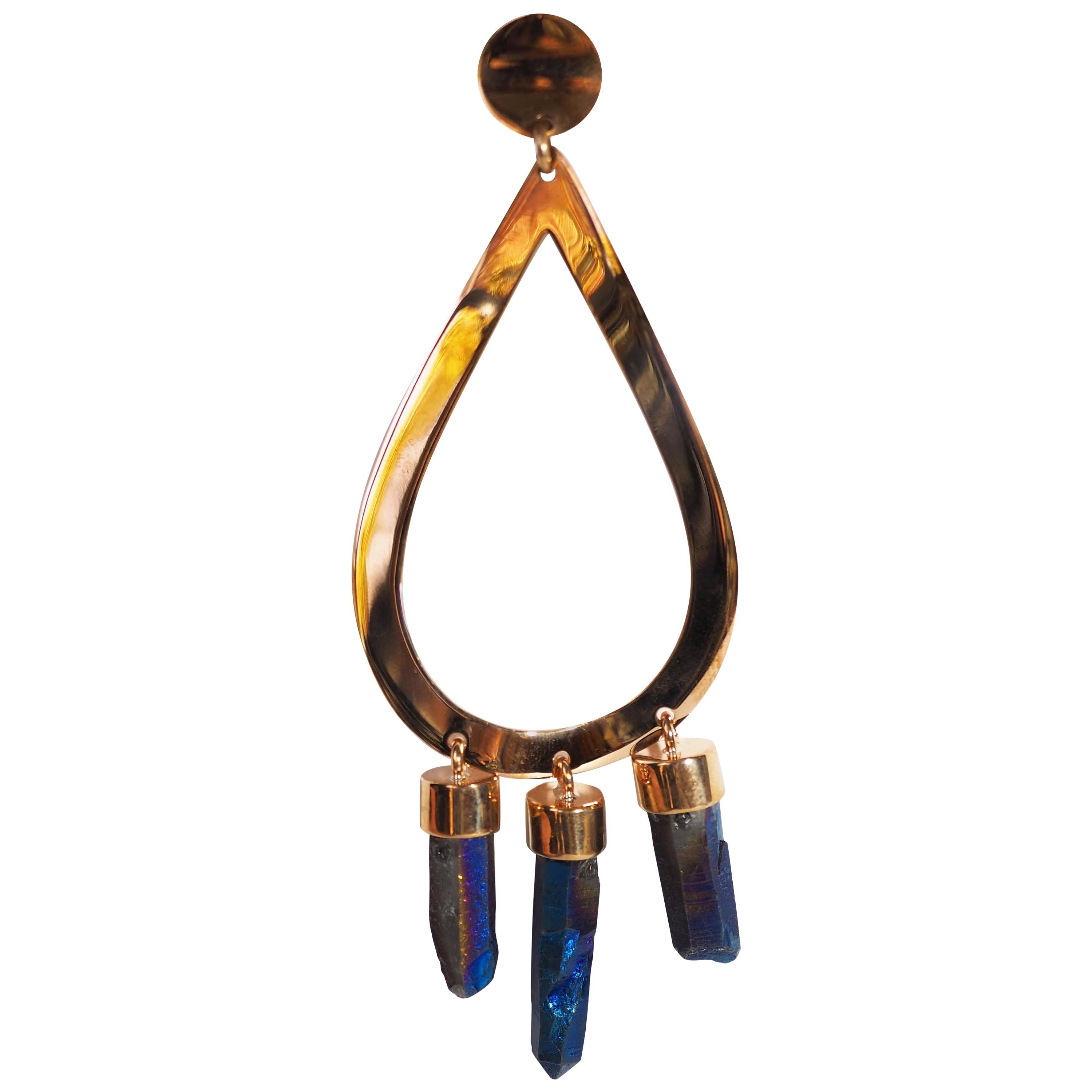 Bronze Agate Crystal Blu Long Mono Earrings Drop For Sale