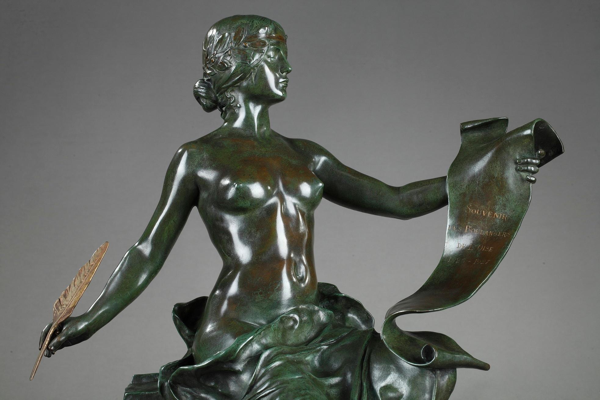 French bronze of a nude woman sitting, holding a scroll and a gilt quill. She wears a laurel headpiece, symbol of triumph and victory. Signed Georges Bareau for Georges-Marie-Valentin Bareau (French, 1866-1931) and stamped with the foundry name F.