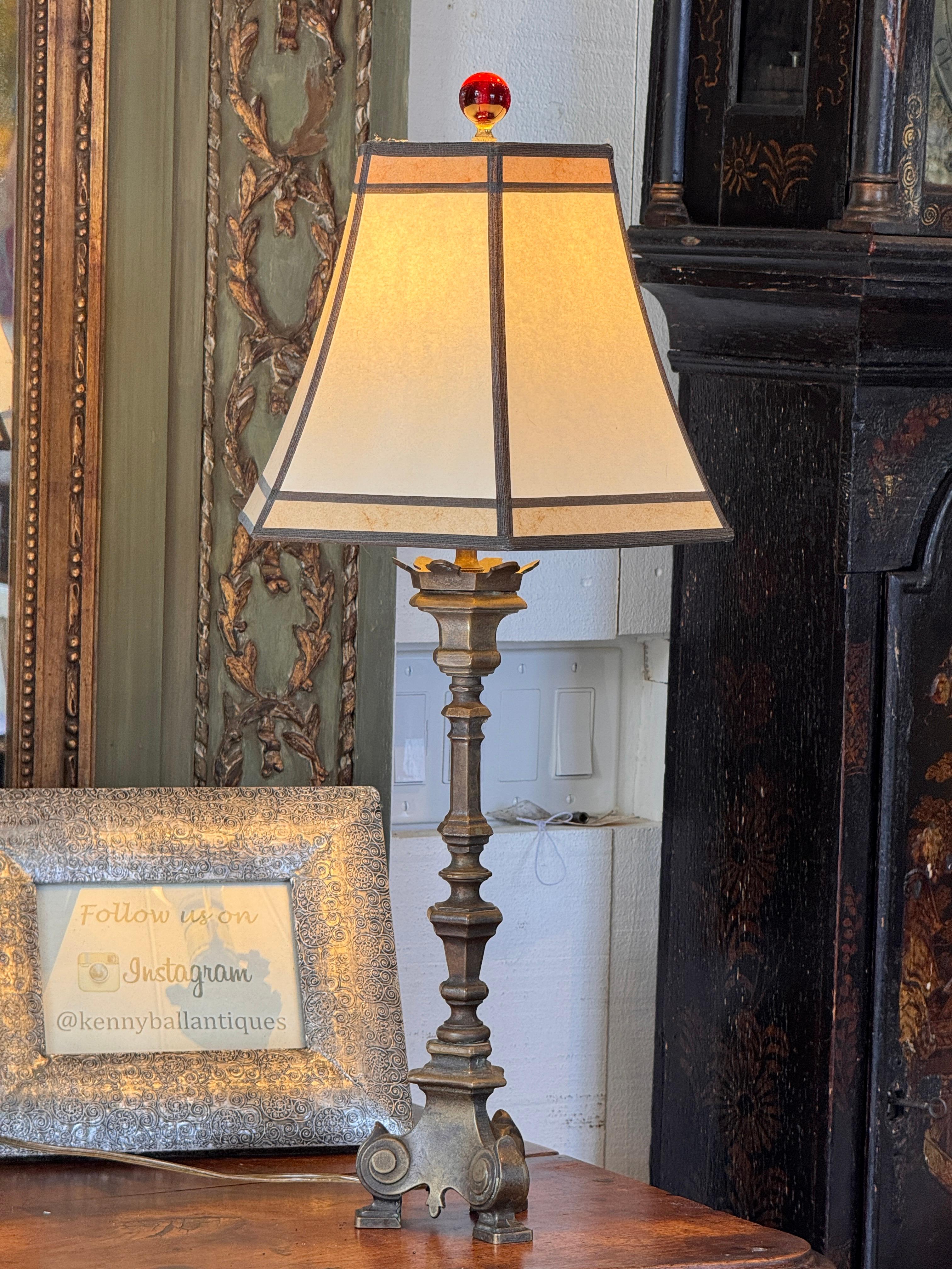 Italian Bronze Altar Stick Lamp For Sale