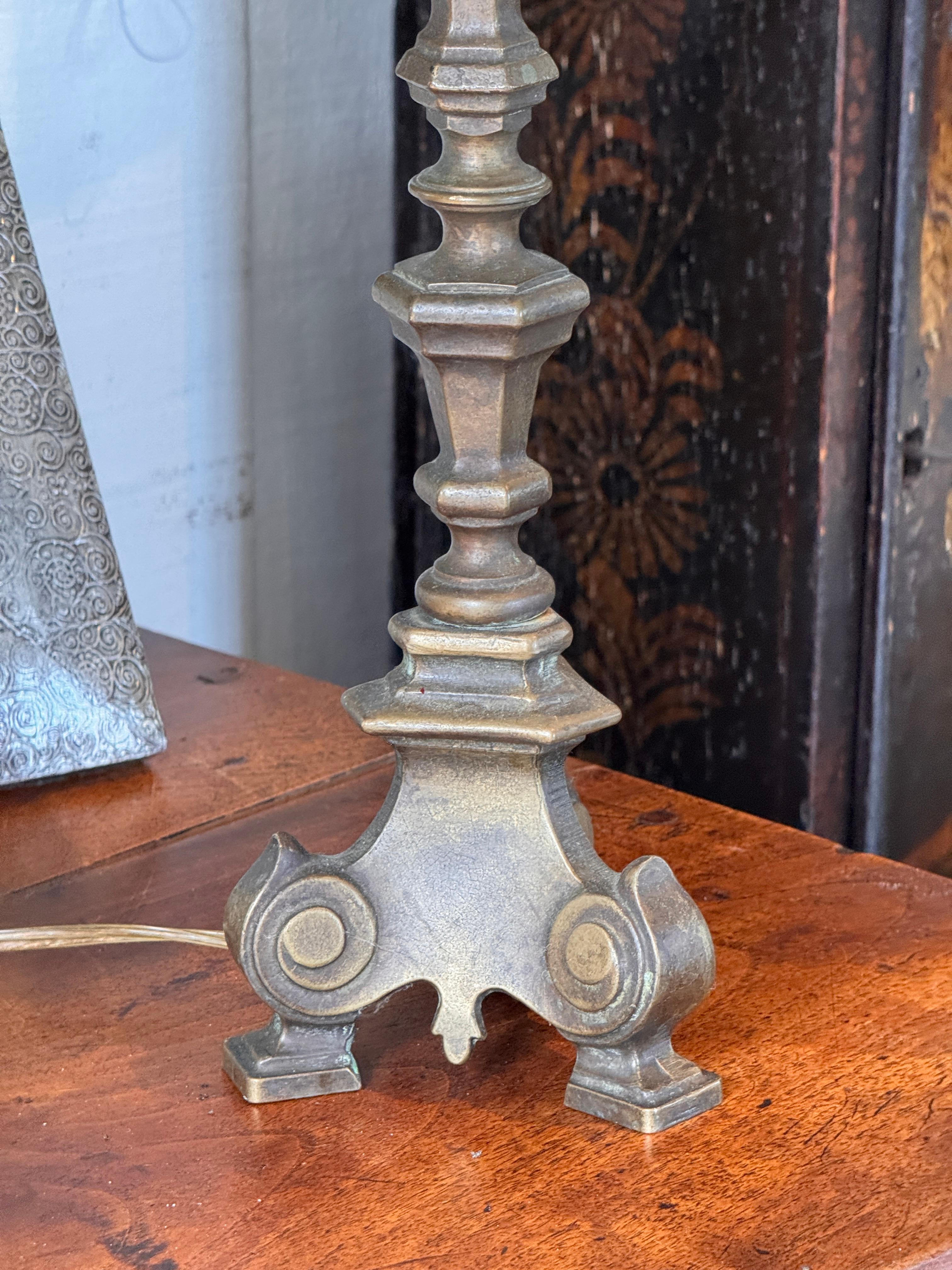 Early 20th Century Bronze Altar Stick Lamp For Sale