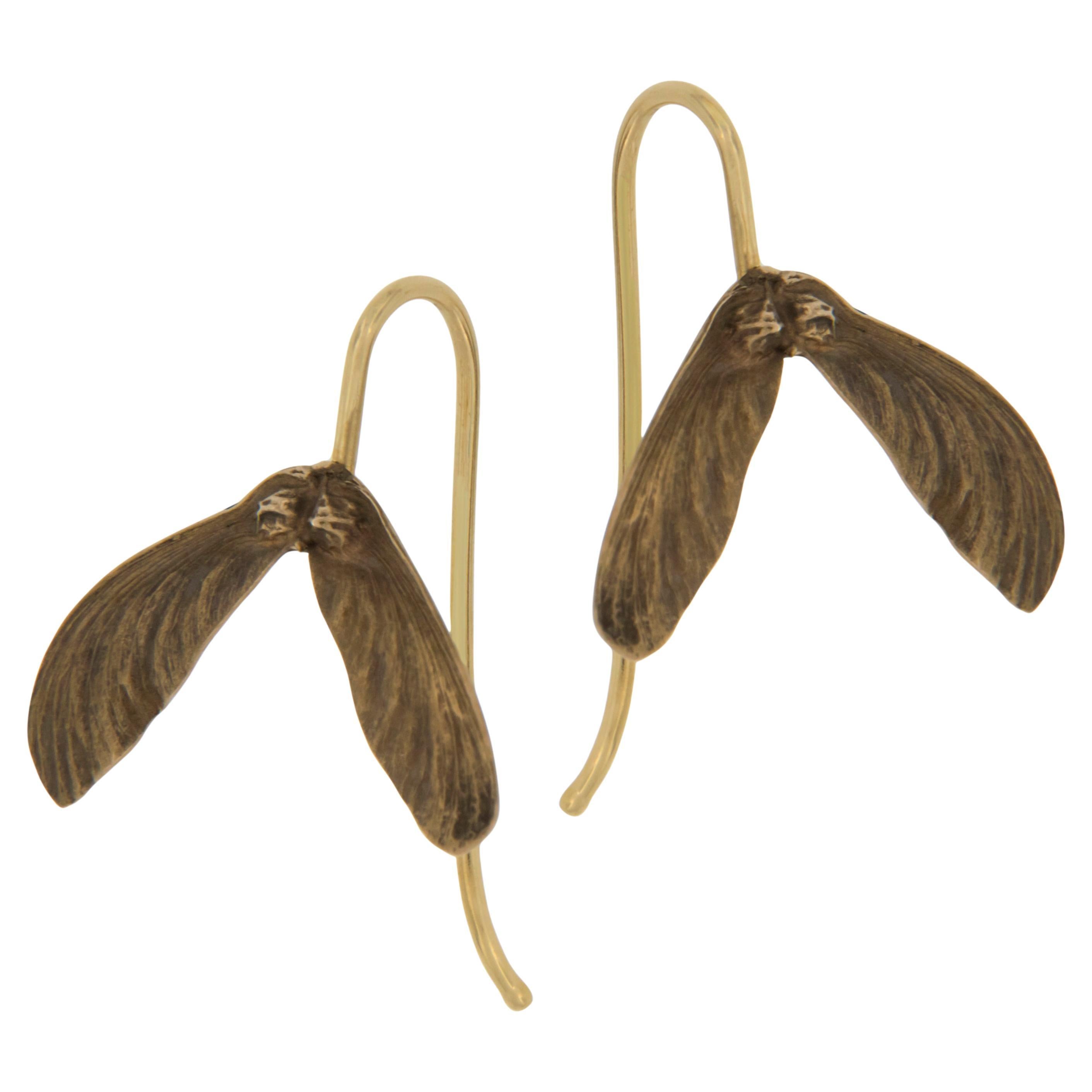 Bronze and 18 Karat Yellow Gold Maple Seed Earrings For Sale