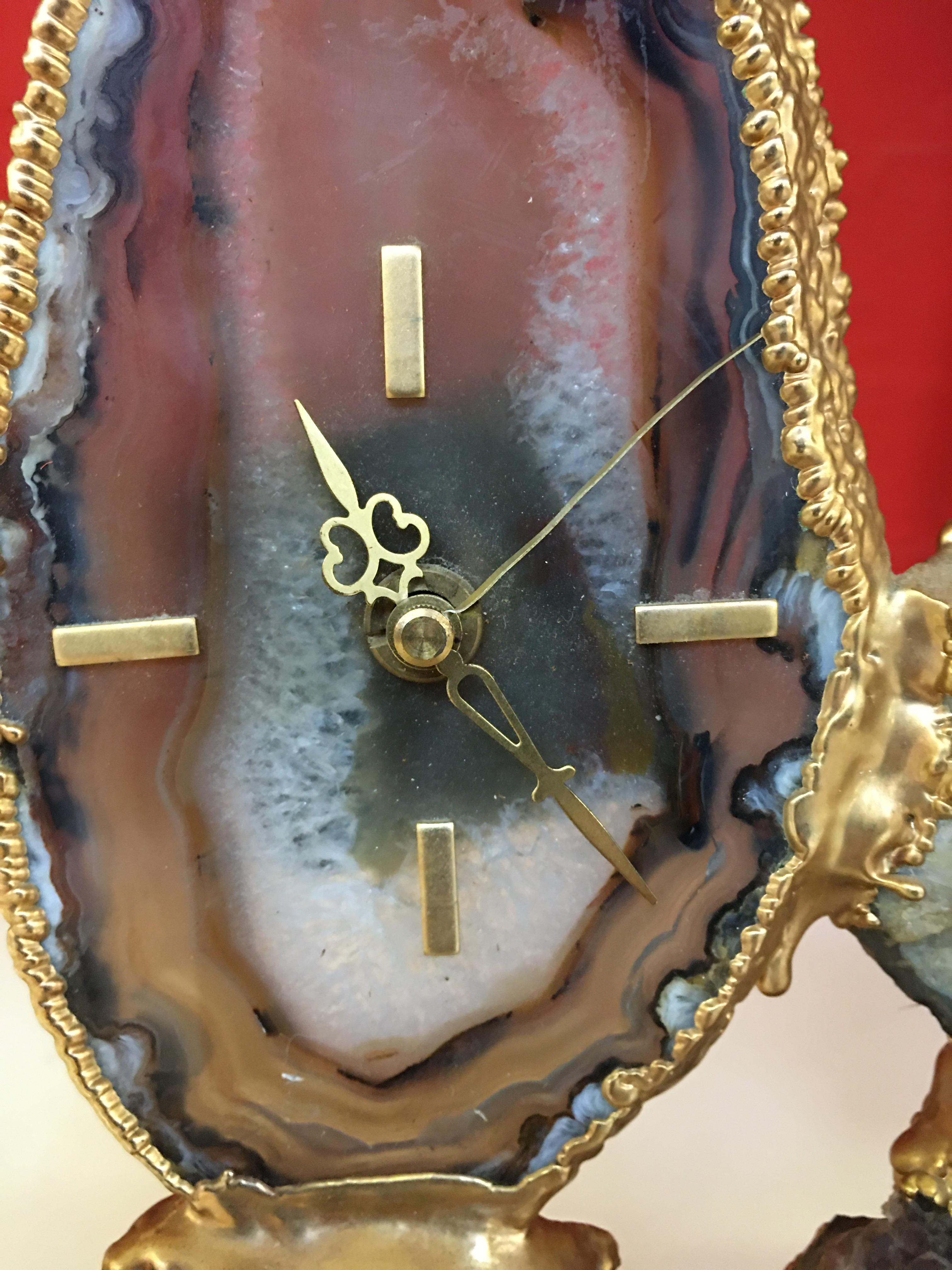 Bronze and Agate Table Clock Attributed to Jacques Duval Brasseur or Boeltz For Sale 1