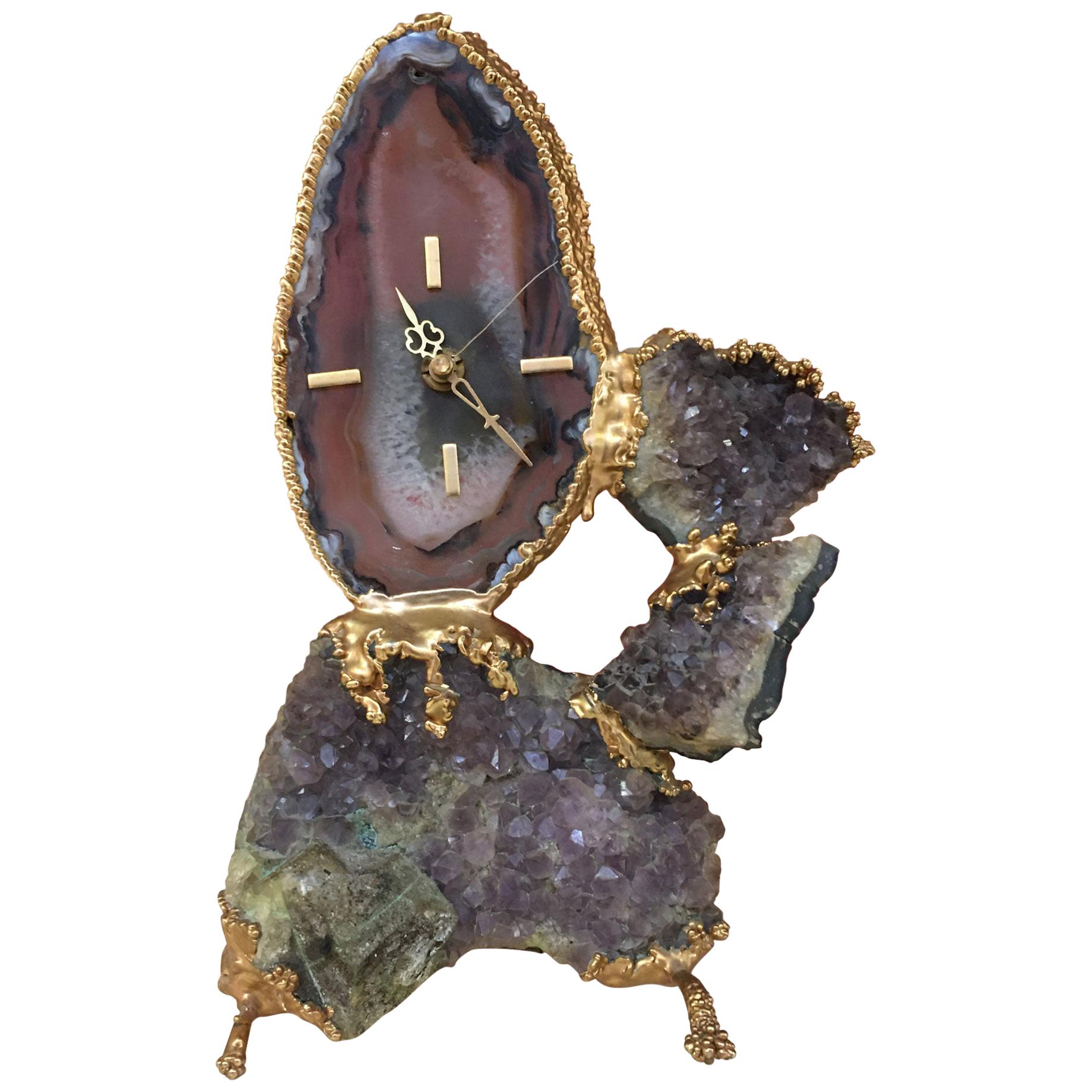 Bronze and Agate Table Clock Attributed to Jacques Duval Brasseur or Boeltz For Sale