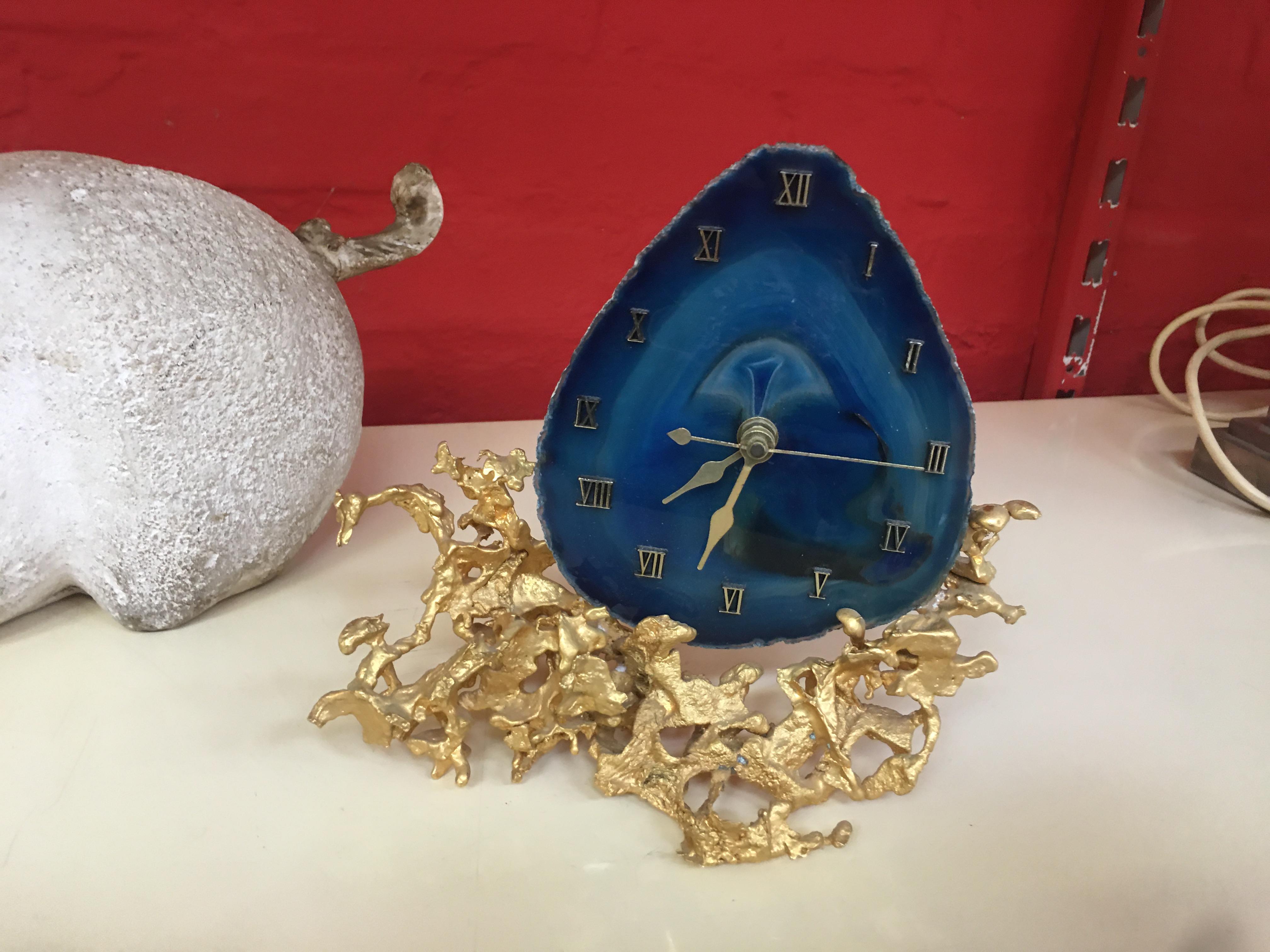 Mid-Century Modern Bronze and Agate Table Clock Attributed to Jacques Duval Brasseur or Boeltz For Sale