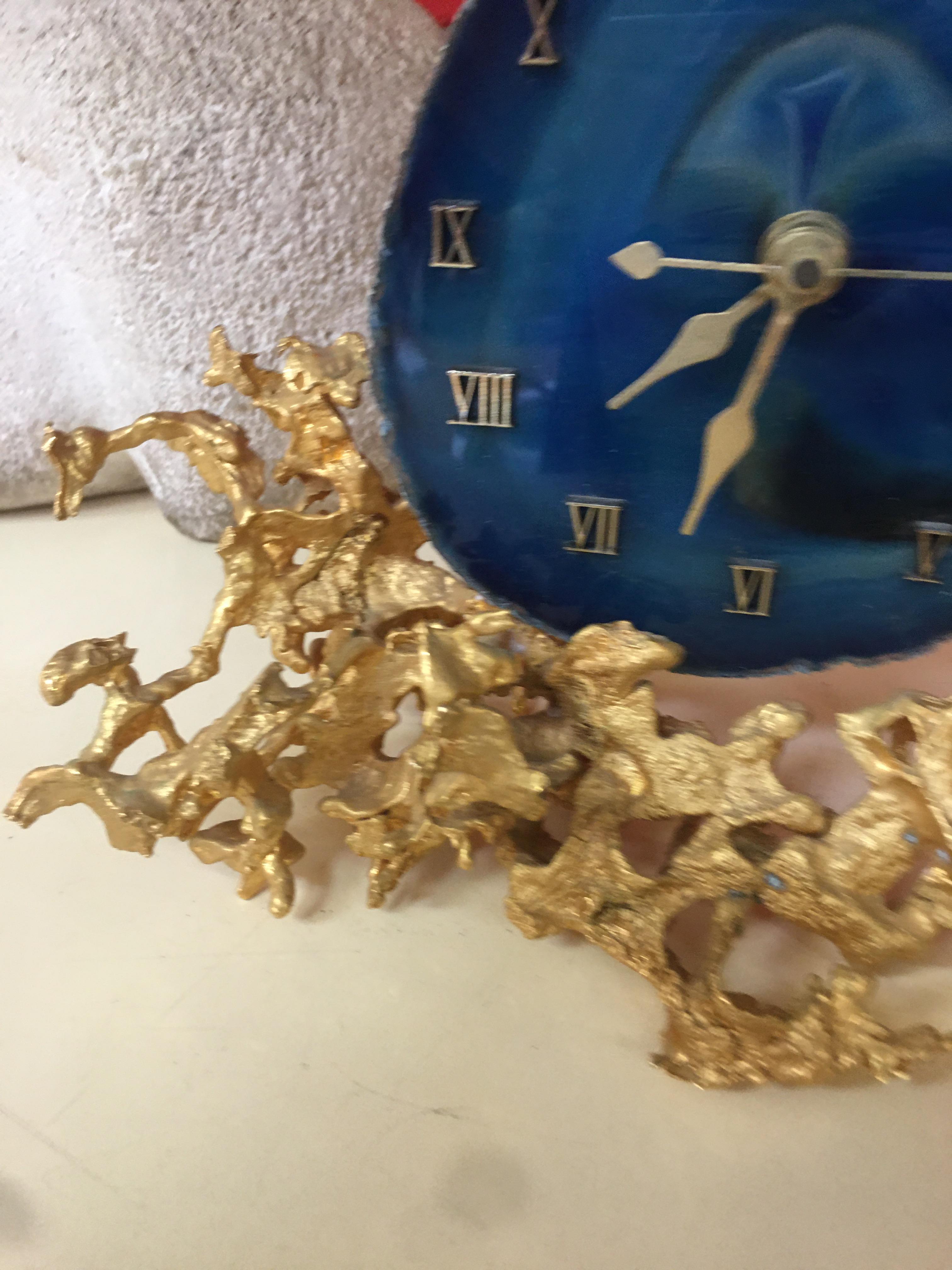 French Bronze and Agate Table Clock Attributed to Jacques Duval Brasseur or Boeltz For Sale