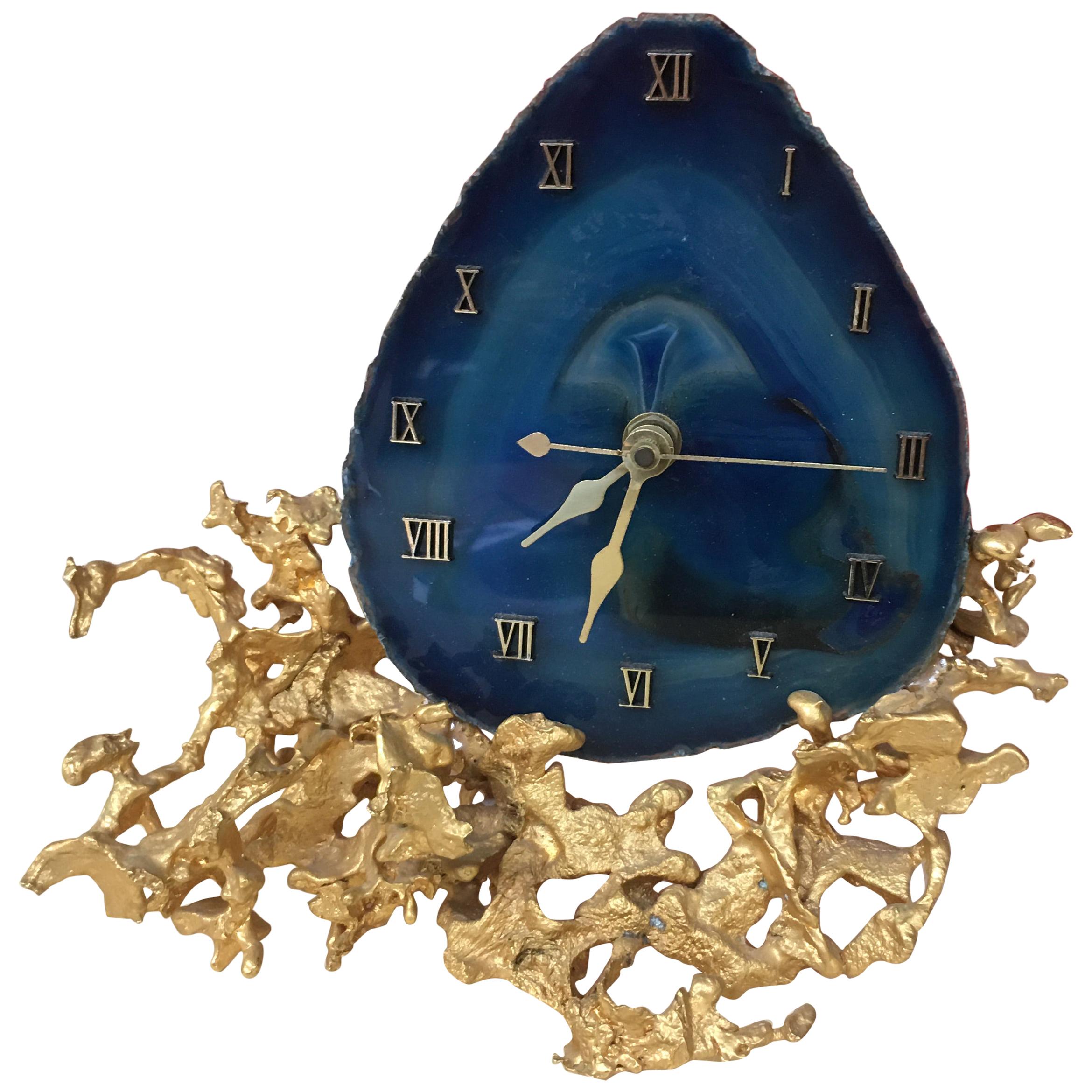 Bronze and Agate Table Clock Attributed to Jacques Duval Brasseur or Boeltz For Sale