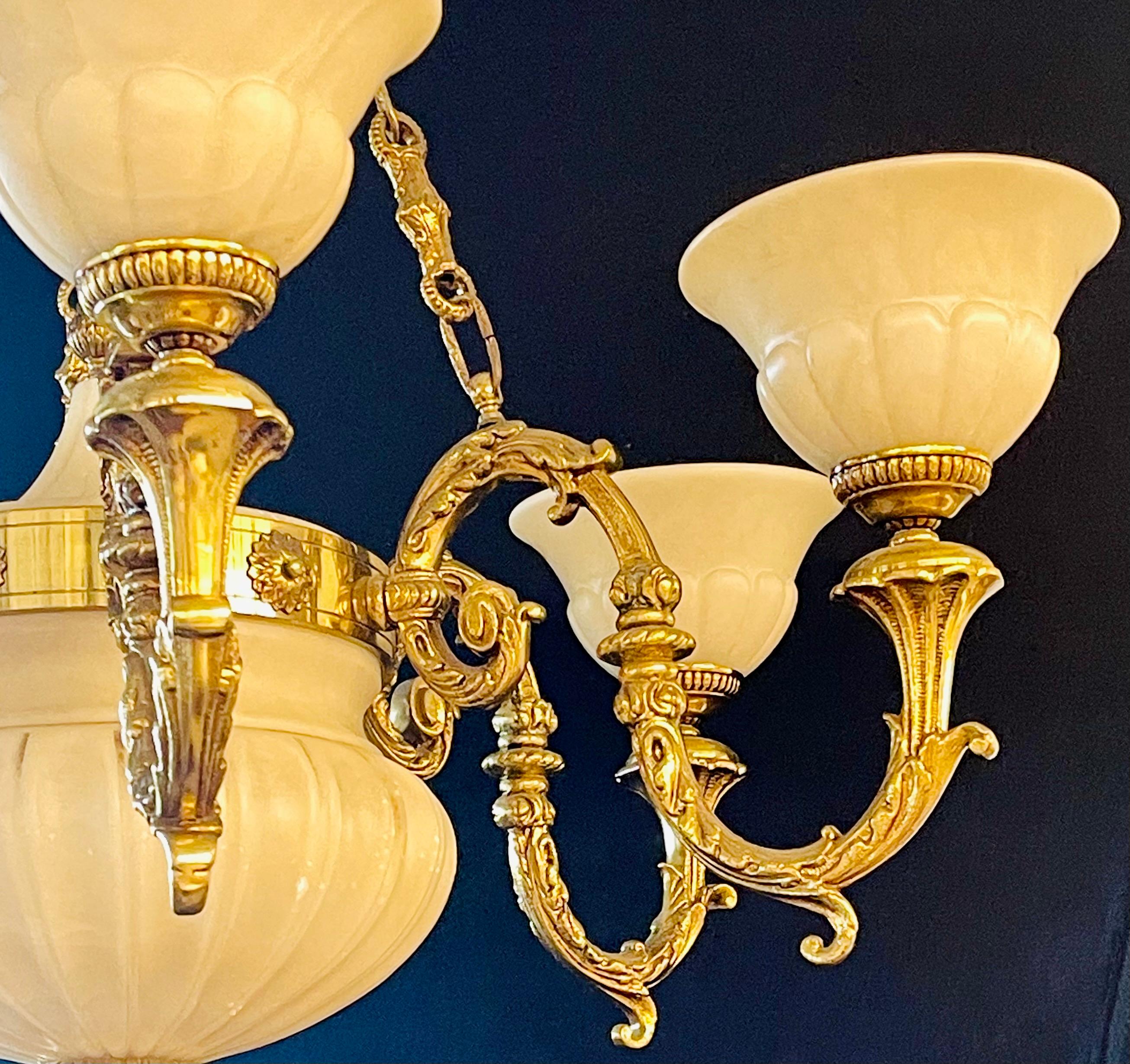 Bronze and Alabaster Chandelier having Six Lights In Good Condition In Stamford, CT