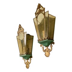 Bronze and Amber Glass Lantern Sconces