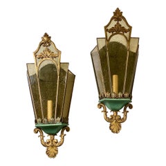 Bronze and Amber Glass Lantern Sconces