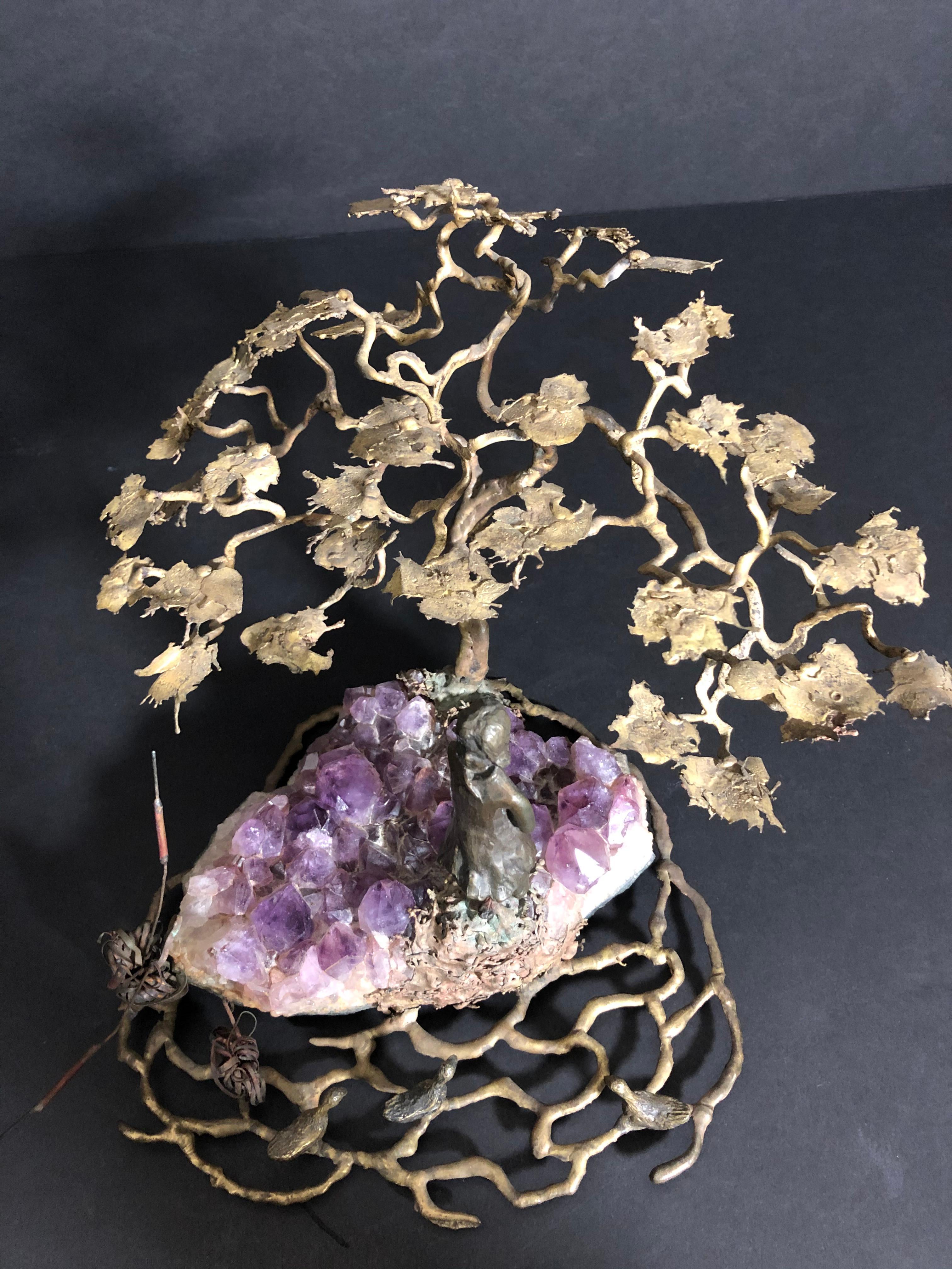 Cast Ron Bertocchi Bronze and Amethyst Sculpture of Young Girl and Tree For Sale