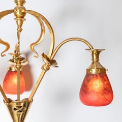Lampadario in bronzo e vetro artistico, Francia, inizio XX secolo