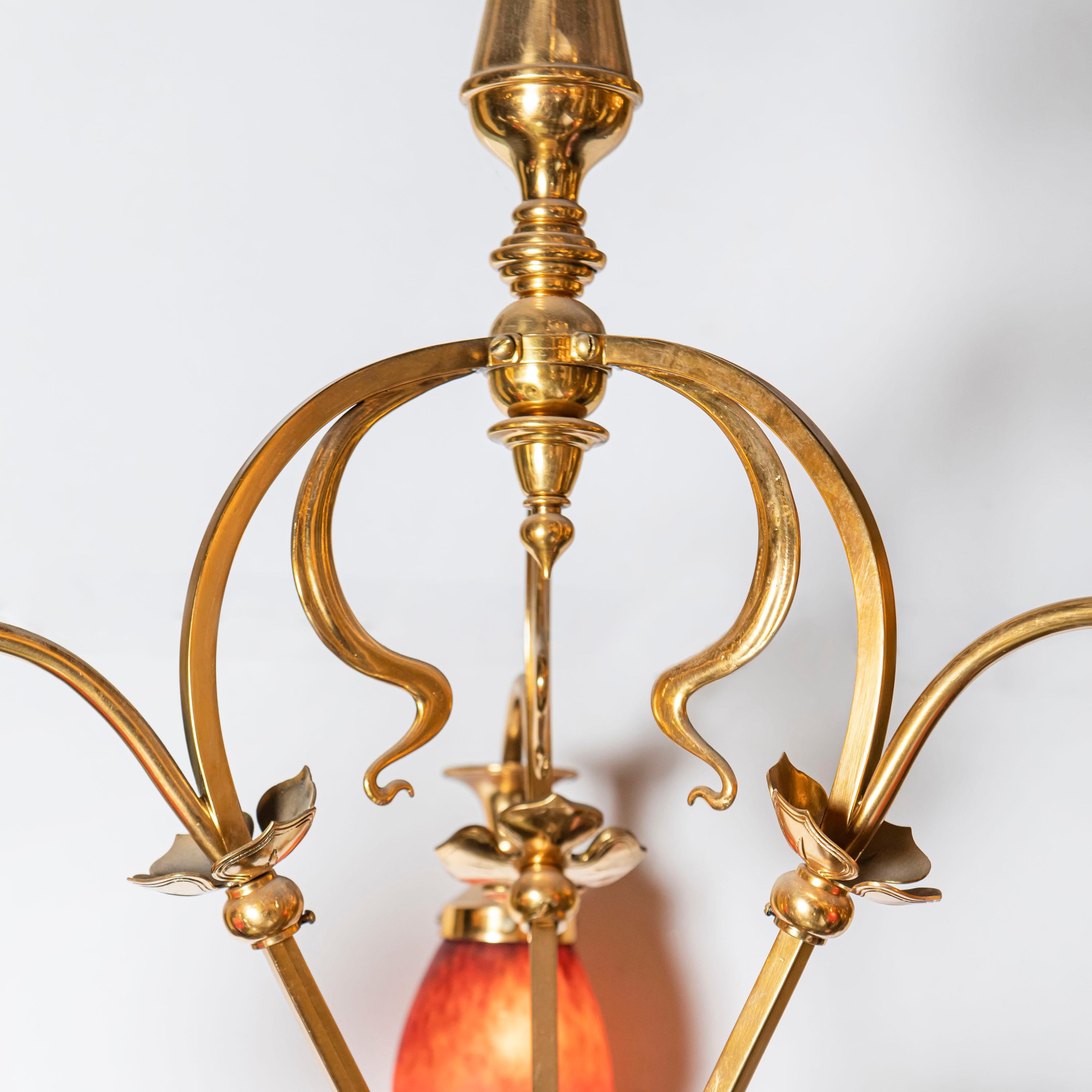 Art Nouveau Bronze and Artistic Glass Chandelier, France, Early 20th Century For Sale