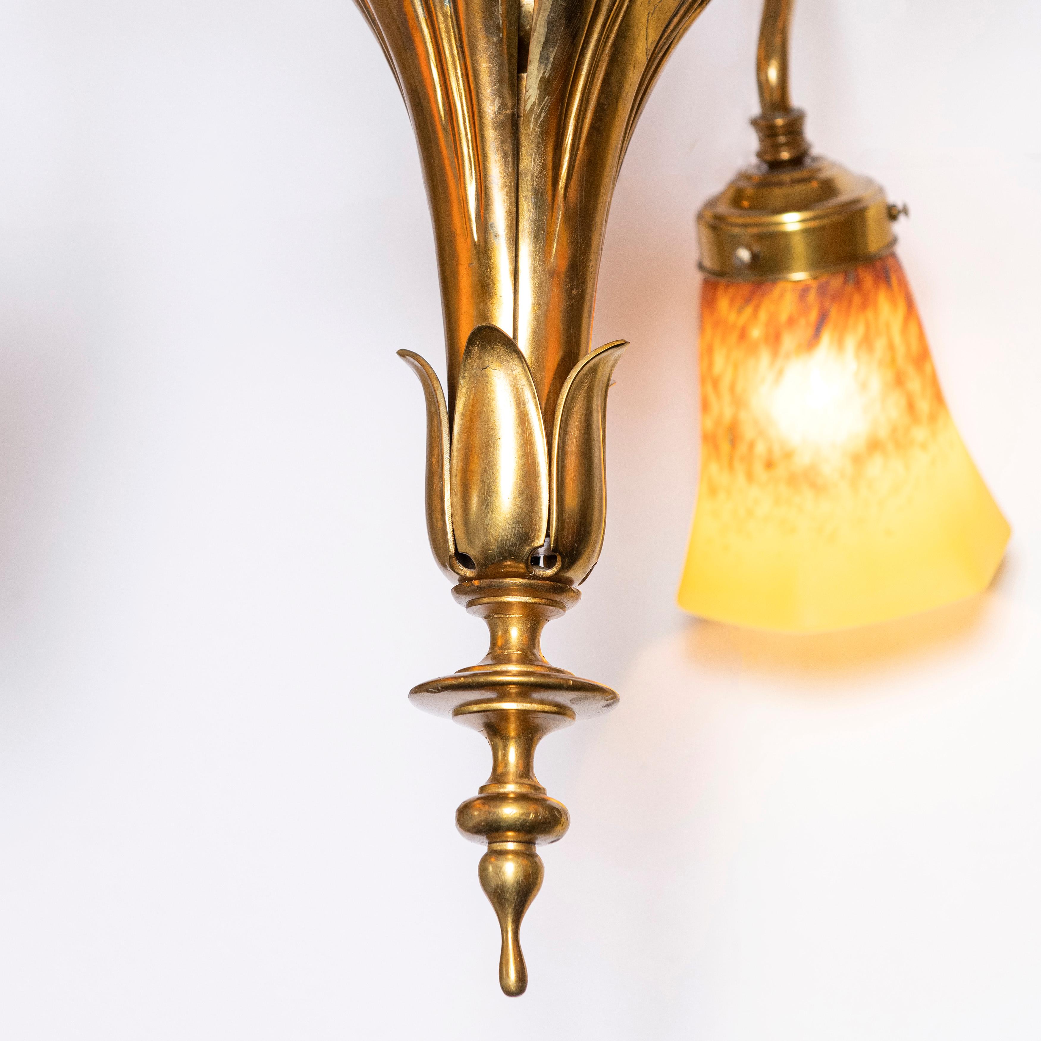 French Bronze and Artistic Glass Chandelier, France, Early 20th Century For Sale