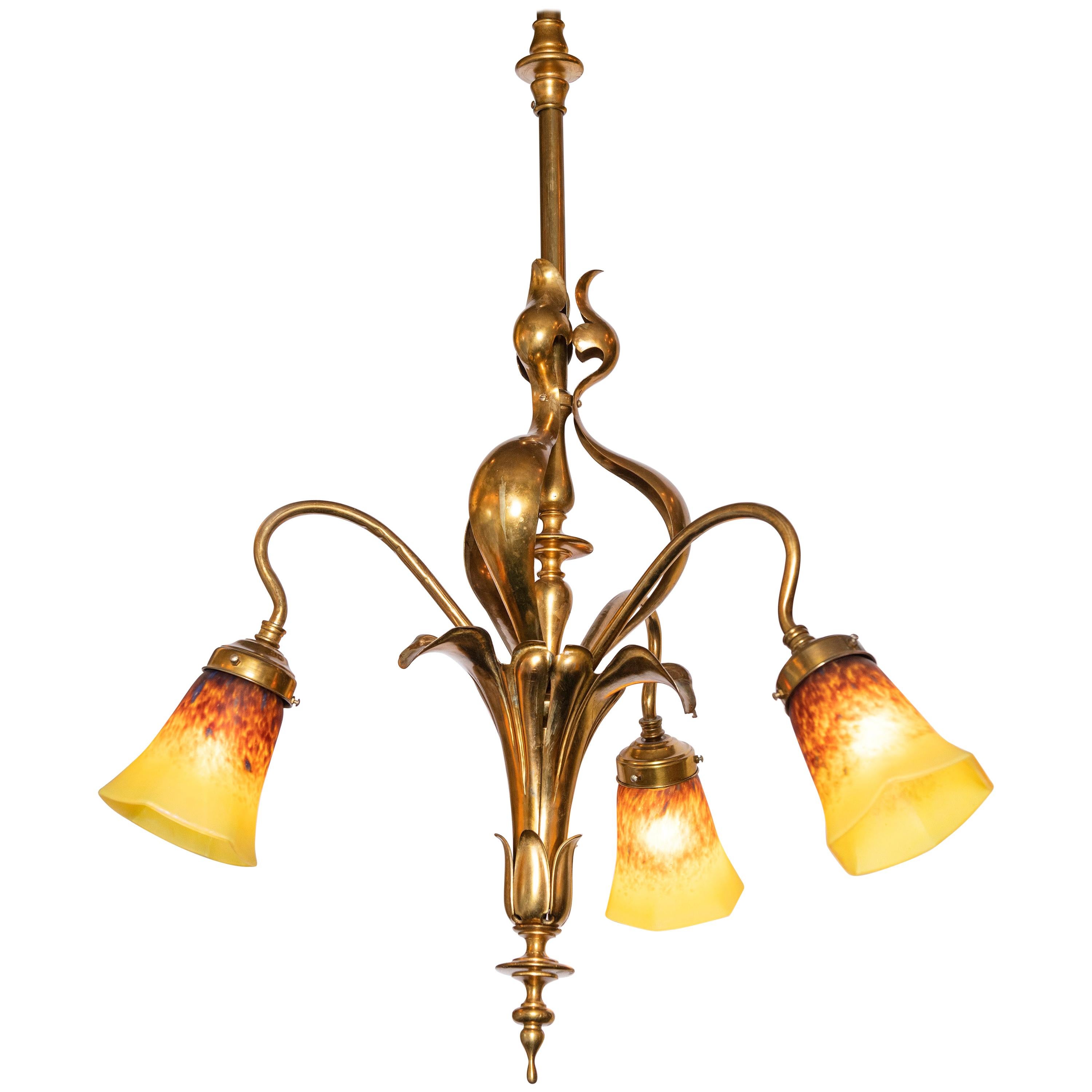 Bronze and Artistic Glass Chandelier, France, Early 20th Century