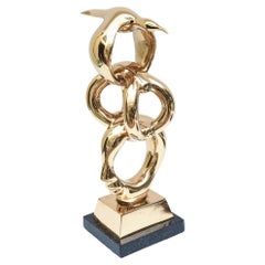 Bronze and Black Marble Vintage Figurative Face with Bird Intertwined Sculpture
