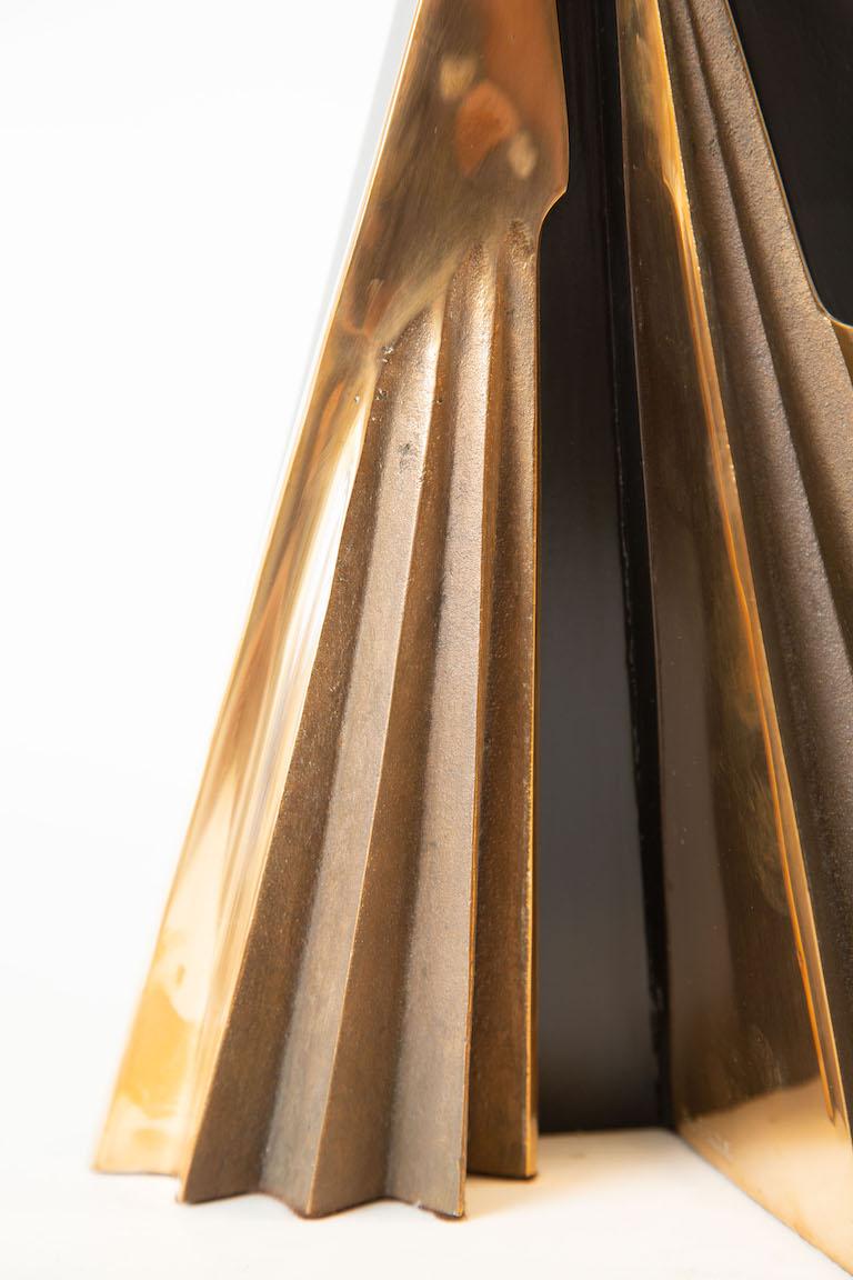 Vintage Signed Bronze and Black Stained Wood Abstract Pleated Sculpture Italian In Good Condition For Sale In North Miami, FL
