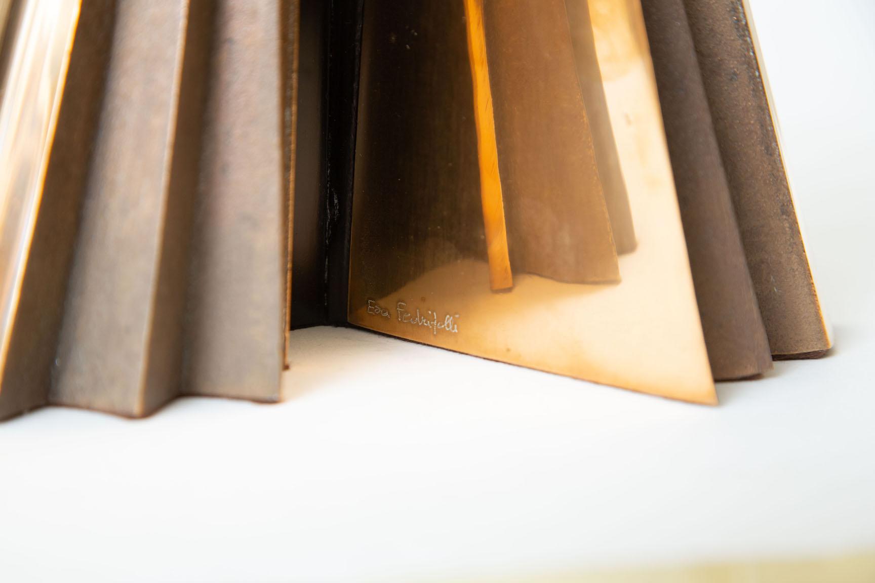Vintage Signed Bronze and Black Stained Wood Abstract Pleated Sculpture Italian For Sale 1