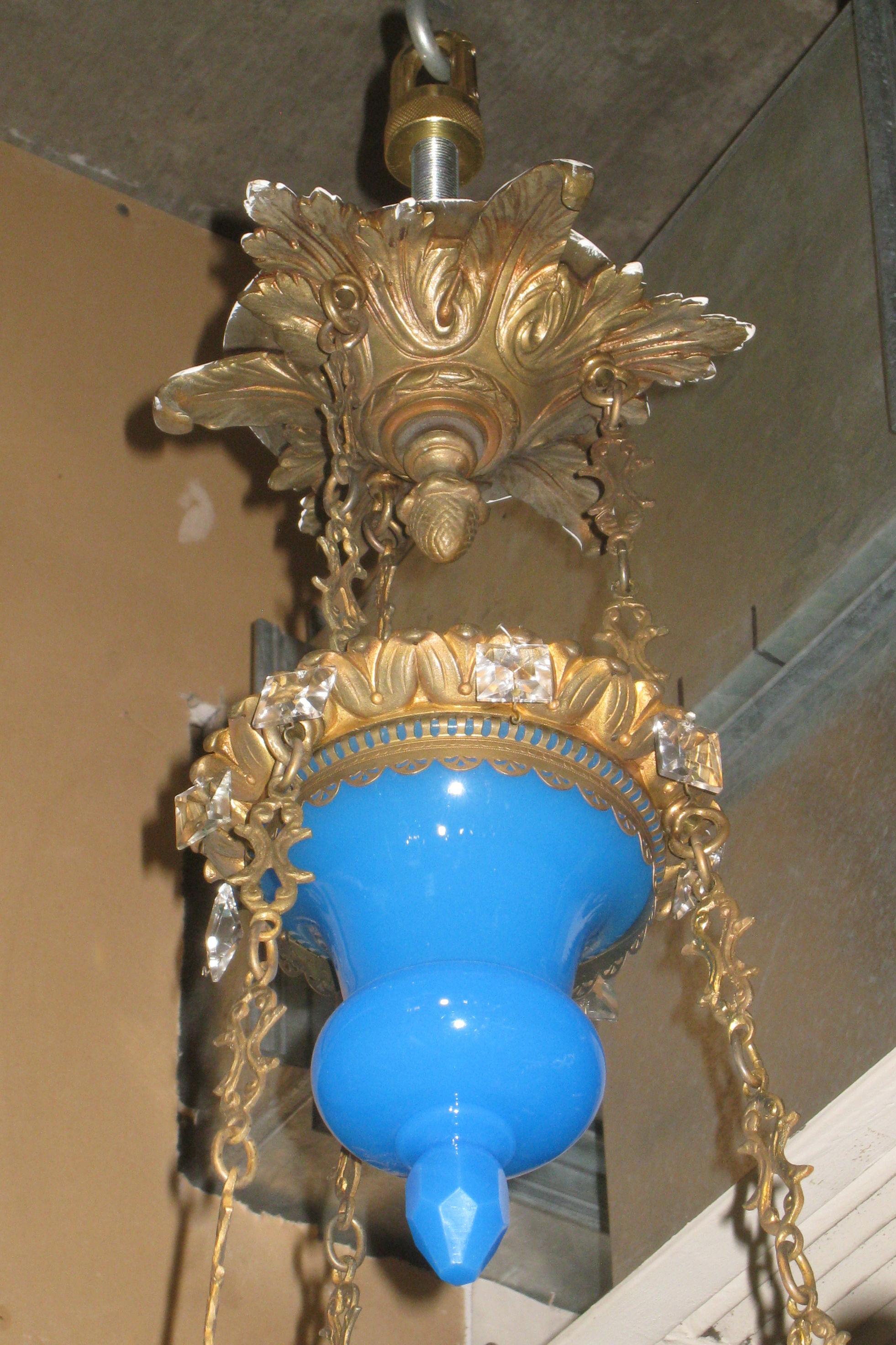 French 19th century bronze and blue Opaline glass chandelier.