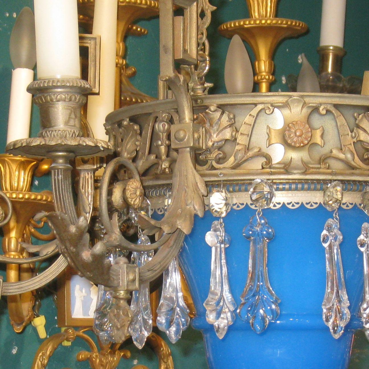 French Bronze and Blue Opaline Glass Chandelier For Sale