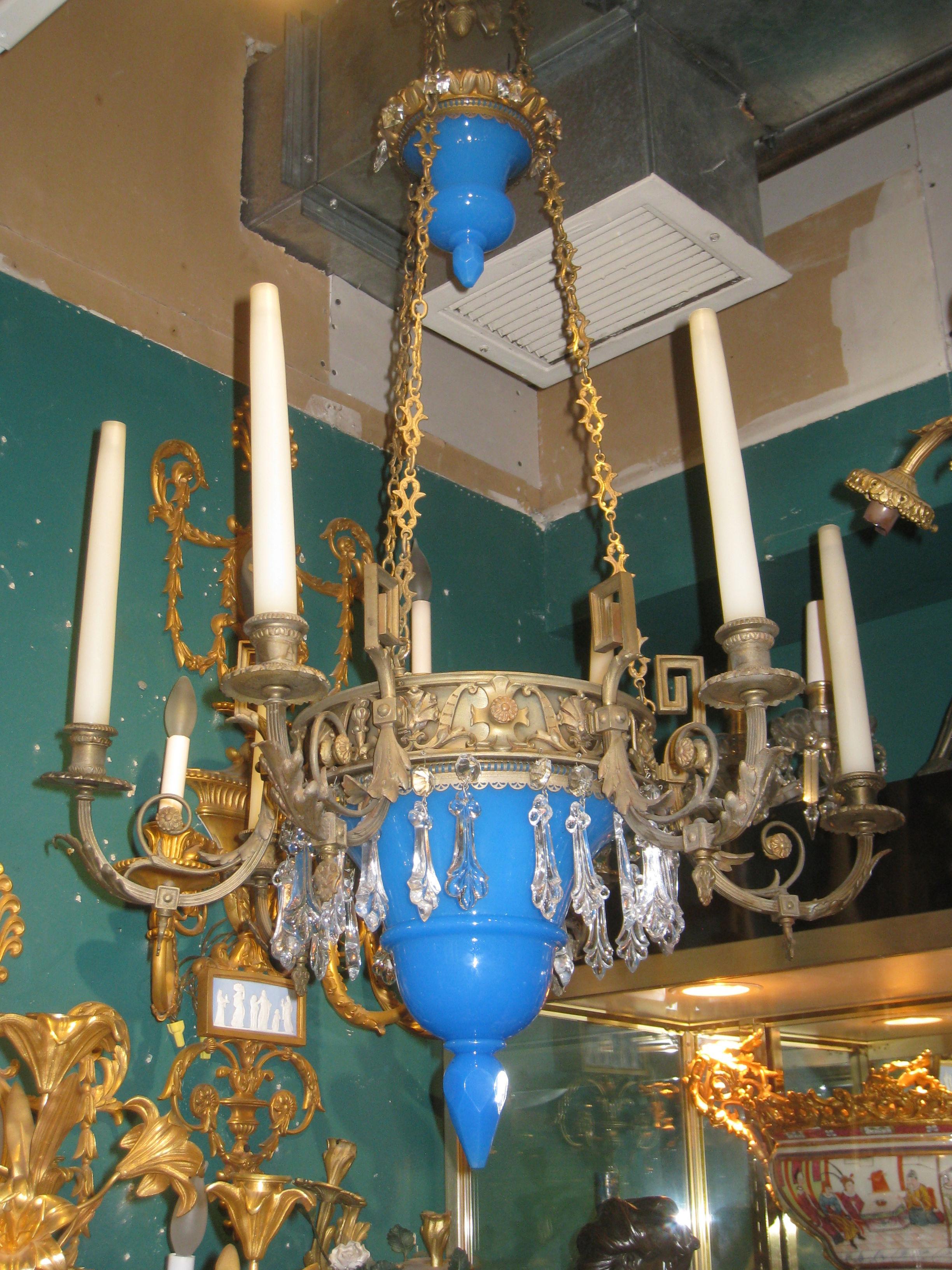Bronze and Blue Opaline Glass Chandelier In Good Condition For Sale In New York, NY
