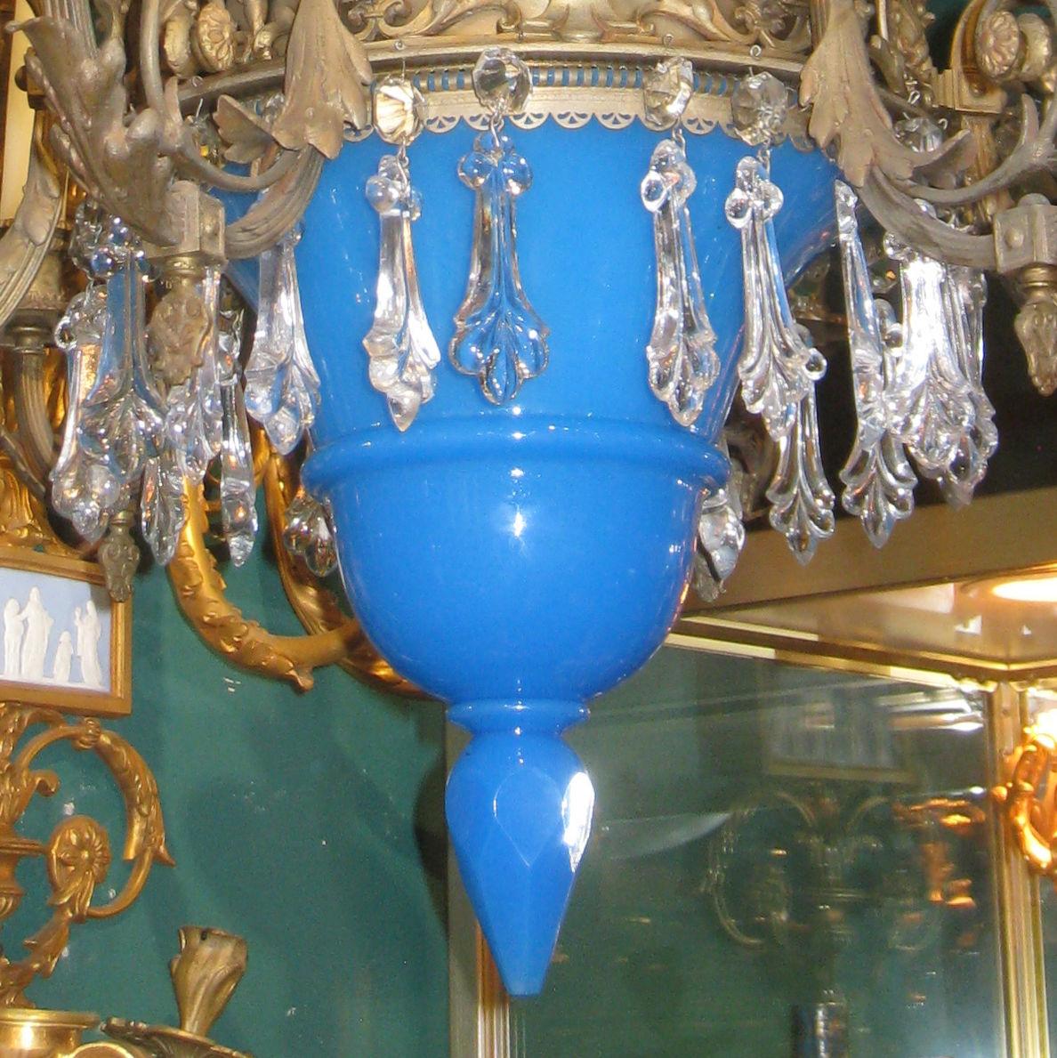19th Century Bronze and Blue Opaline Glass Chandelier For Sale