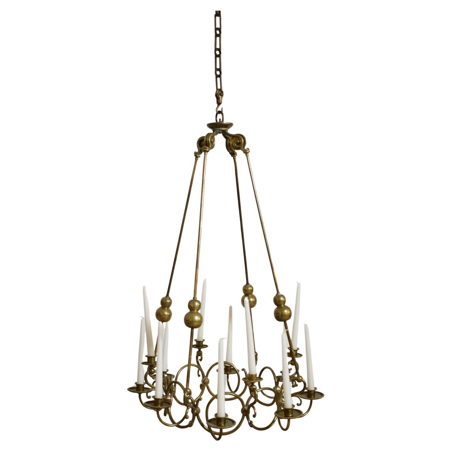 Bronze and brass 12 candles ceiling lamp, 19th c.
