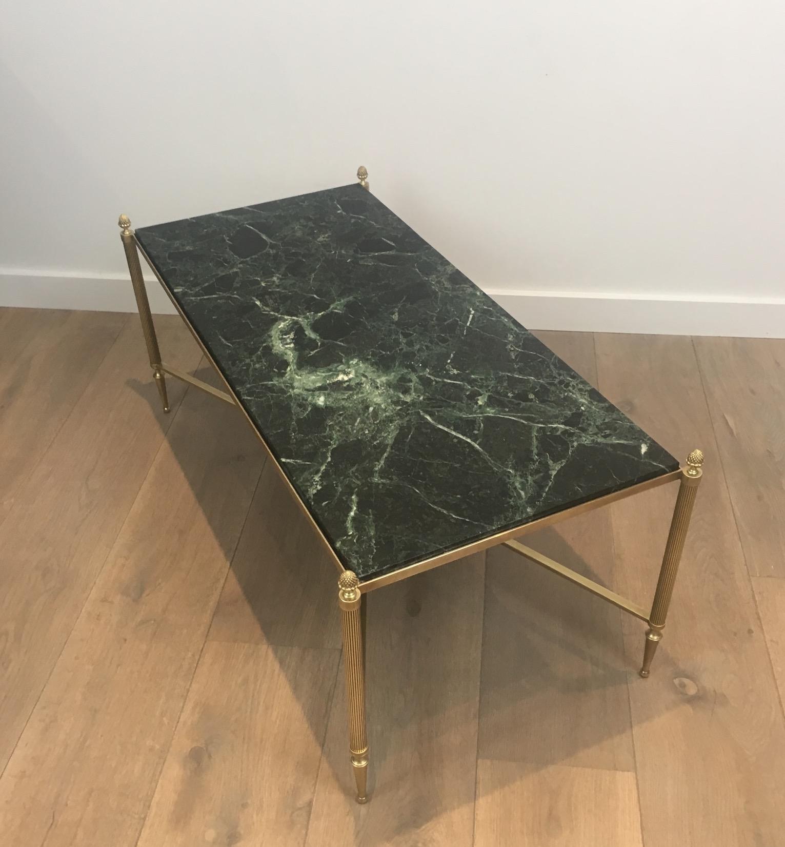 Neoclassical Bronze and Brass Coffee Table with Green Marble Top, circa 1940 For Sale