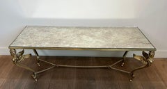 Bronze and Brass Coffee Table with Sphinxes and Eglomized Mirror Top