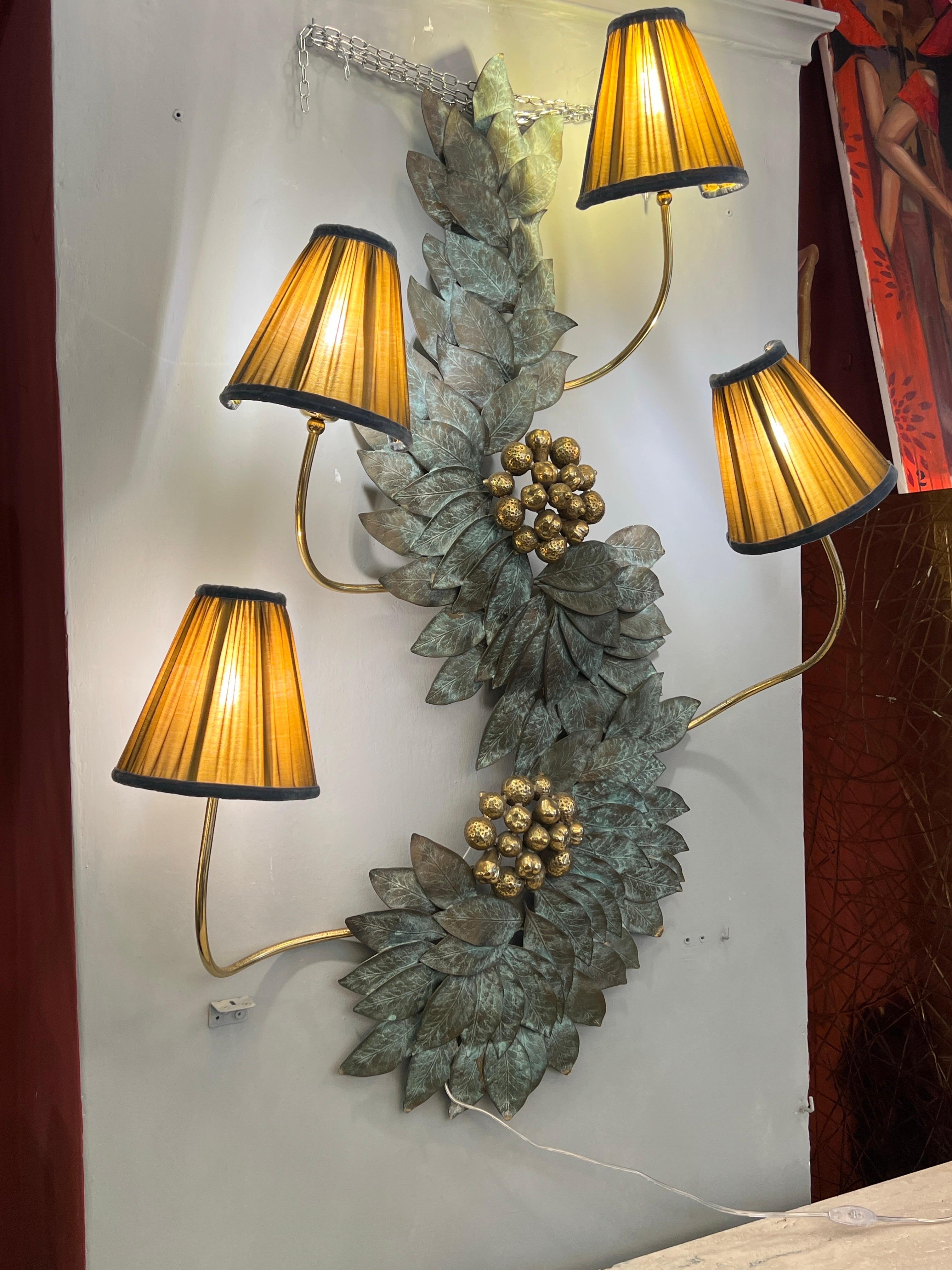 Bronze and Brass Wall Sculpture Lamp with our handmade lampshades 1950s For Sale 5