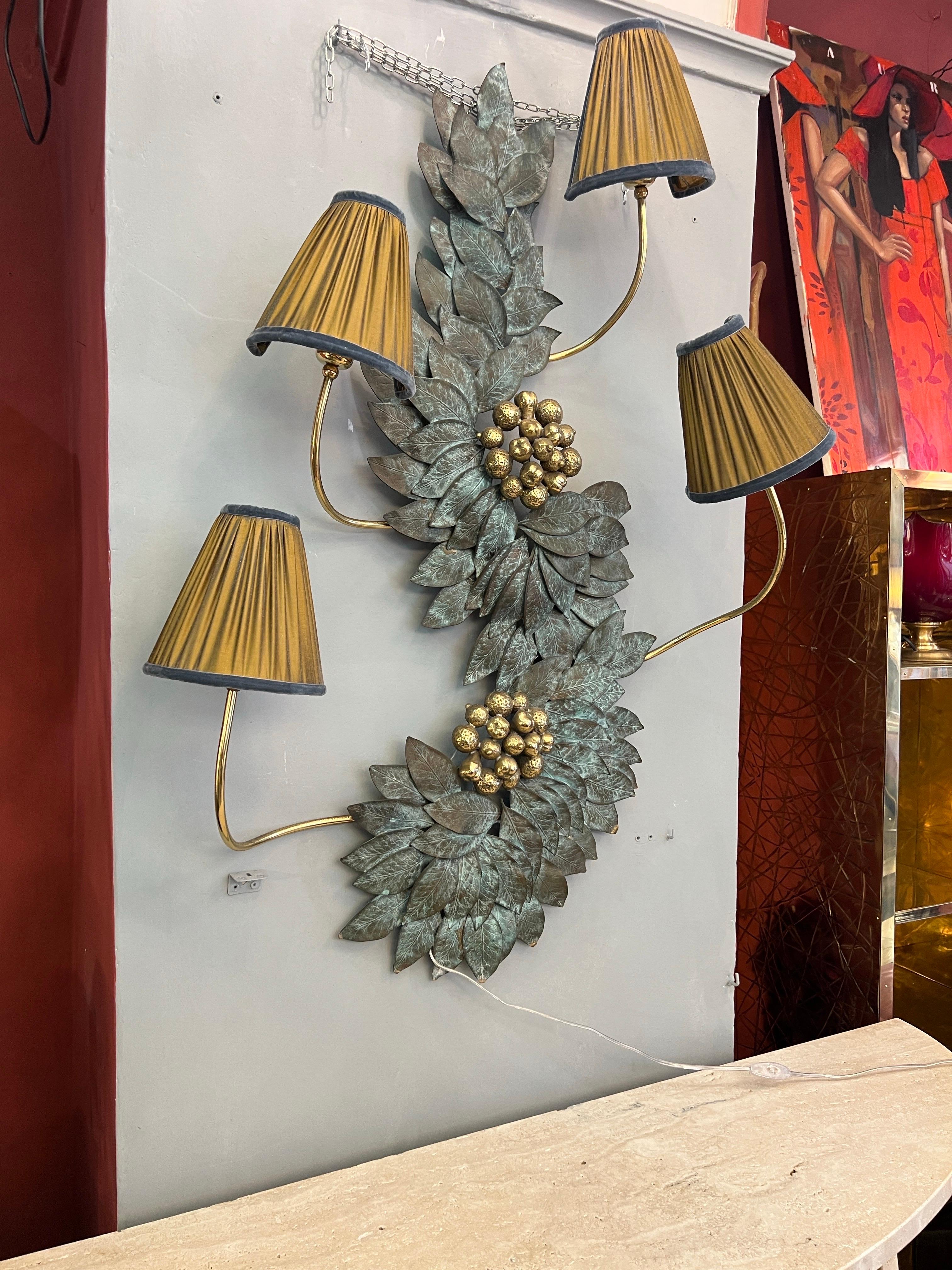 Bronze and Brass Wall Sculpture Lamp with our handmade lampshades 1950s For Sale 6